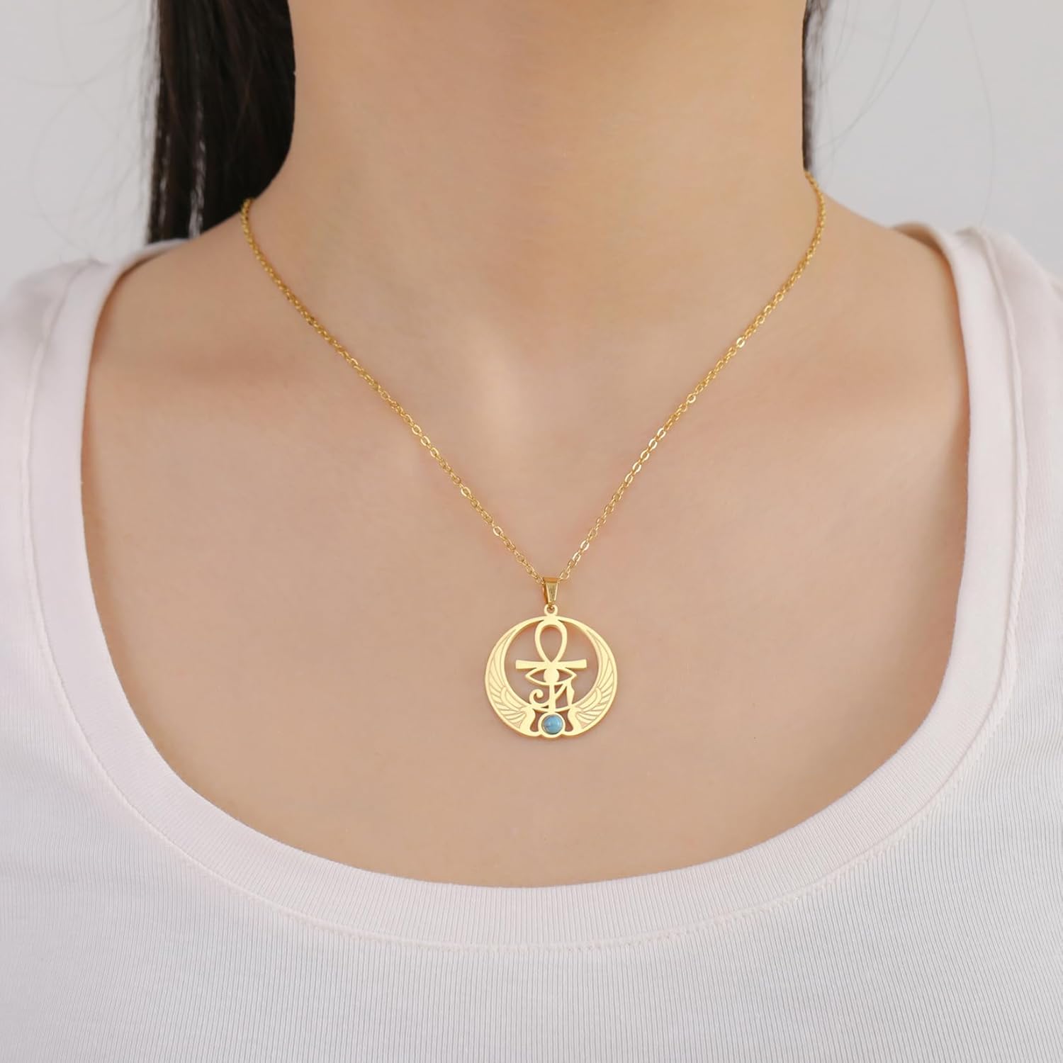EUEAVAN Ankh Kreuz Auge des Horus Edelstein Halskette Schlüssel des Lebens Skarabäus Anhänger ägyptische Göttin Isis Schutzamulett Religiöser Schmuck für Frauen Männer