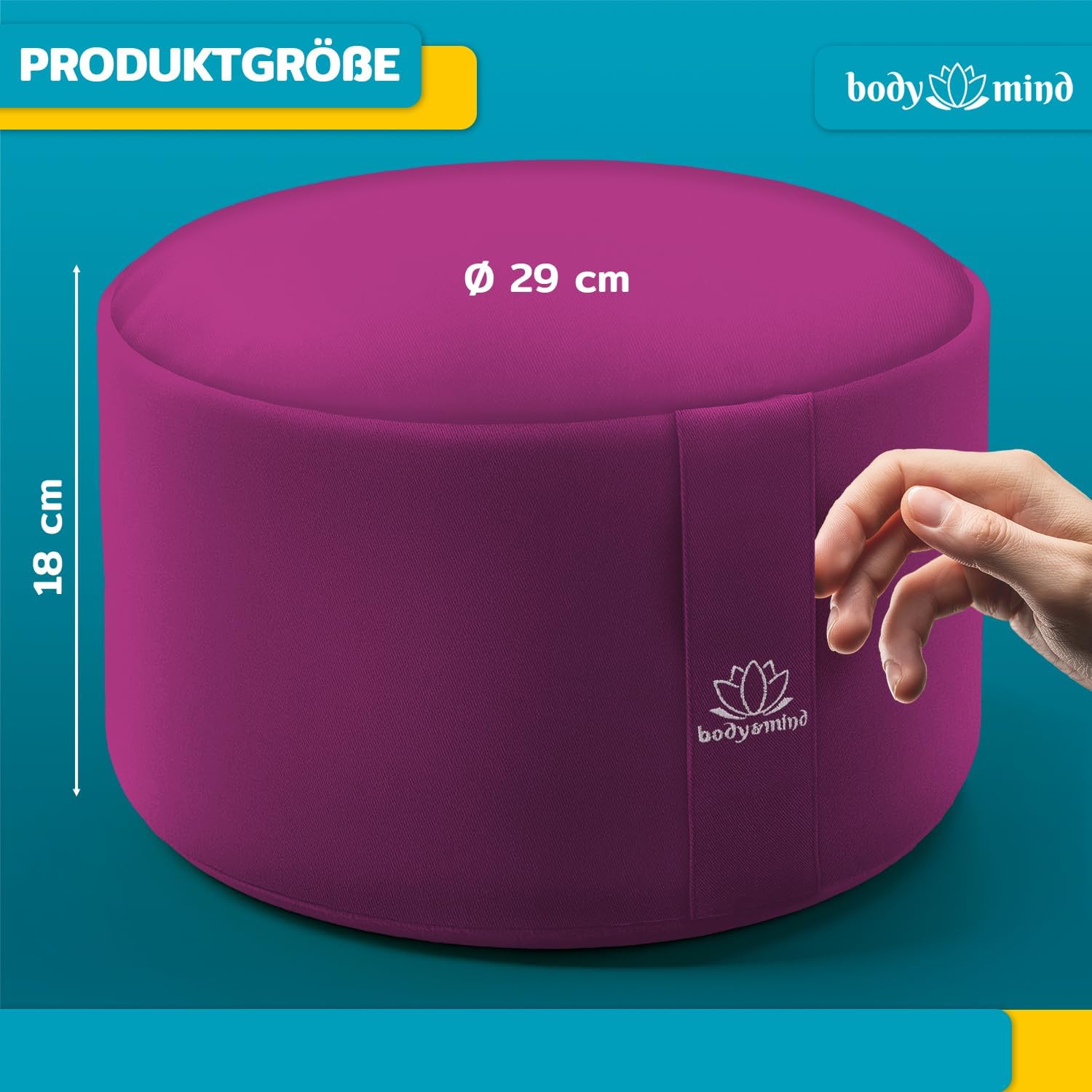 Body & Mind® Yogakissen Meditationskissen Boden Sitz-Kissen Polster für Meditation & Yoga; waschbarer Bezug und atmungsaktiver Premium Füllung; 18 cm Sitzhöhe