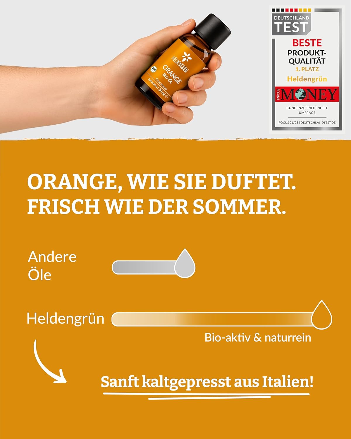 Heldengrün® BIO Orangenöl [100% NATURREIN] Kaltgepresst aus echten Orangen - Orangenöl zum Verzehr - Ätherisches Öl - Duftöl Orange Oil