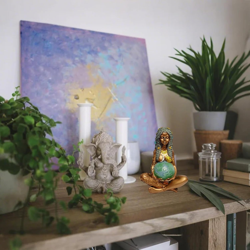 Gaia Mother Earth Goddess Statue, Resin Witchy Spiritual Figurines Pagan Nature Home Room Outdoor Decor, Gold, 6 x 4.2 x 3.6 inch
