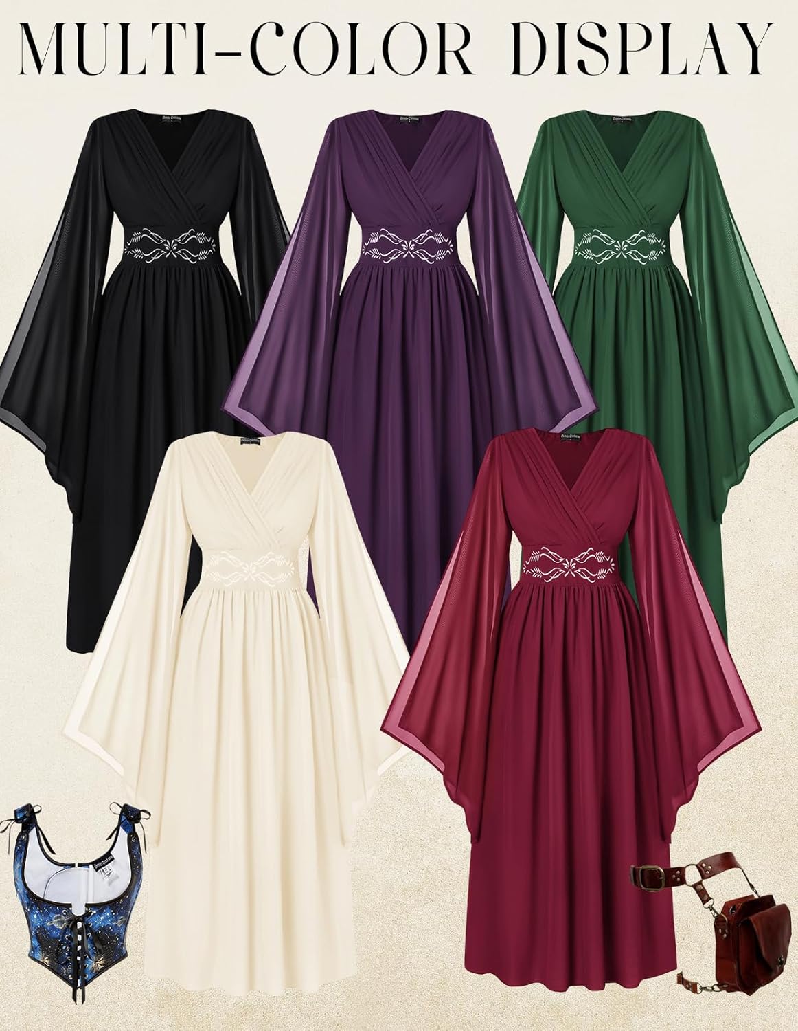 Scarlet Darkness Women's Renaissance Costume Wrap V Neck Medieval Dress Split Bell Sleeve Embroidery Fairy Dresses