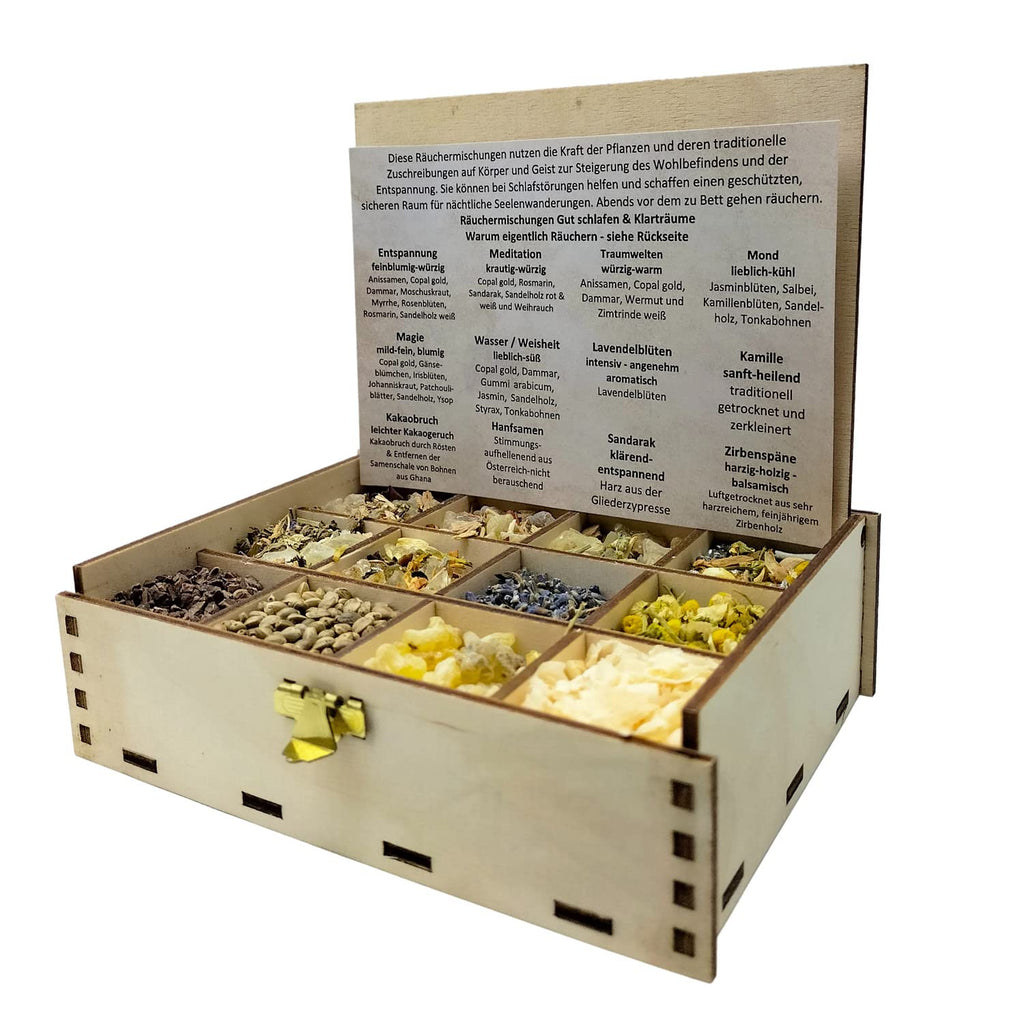Heilkräuter Manufaktur Räucherbox Geschenkbox mit 12 Sorten Räuchermischungen Rituale im Jahreskreis, Jahreszeiten, 14 x 10 x 4 cm