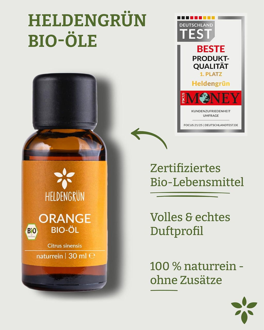 Heldengrün® BIO Orangenöl [100% NATURREIN] Kaltgepresst aus echten Orangen - Orangenöl zum Verzehr - Ätherisches Öl - Duftöl Orange Oil