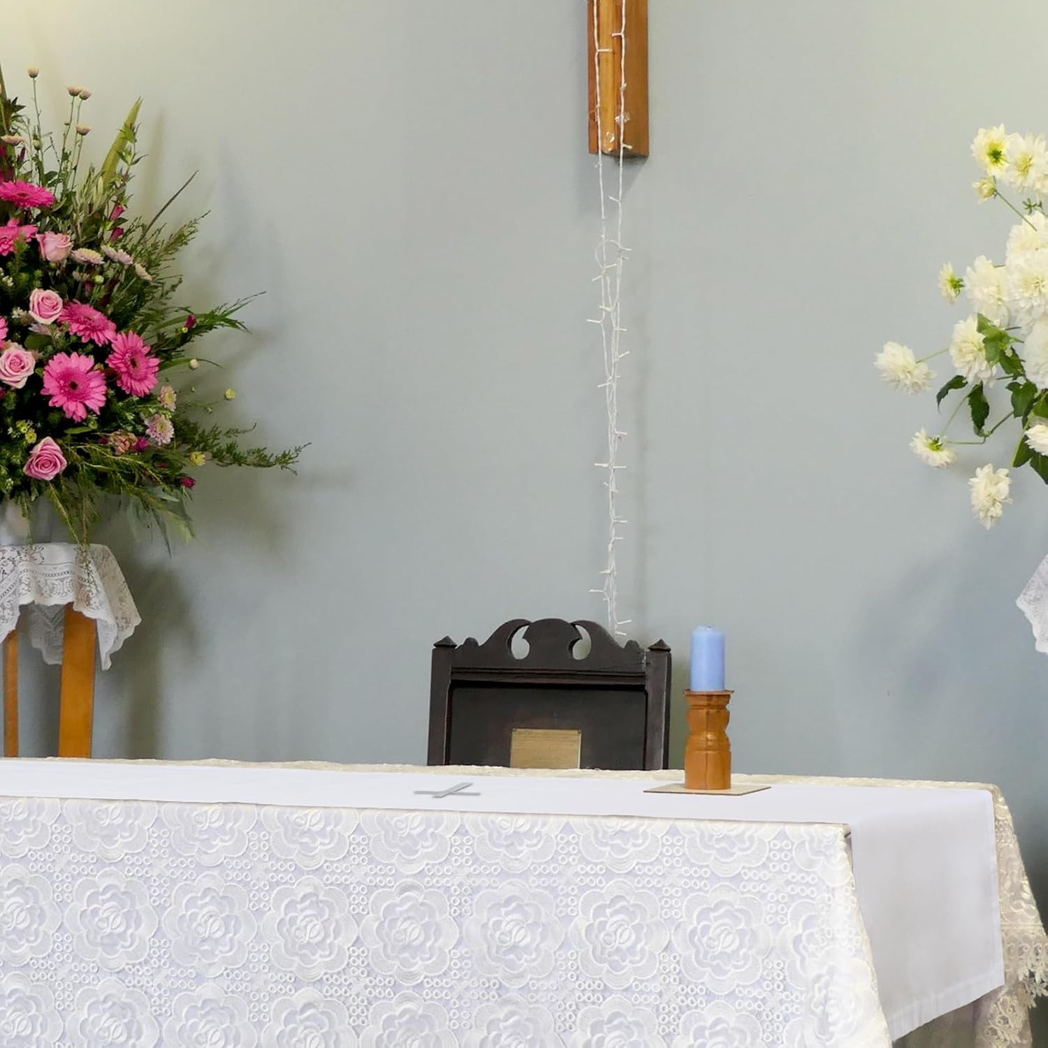 Windkream White Spiritual Communion Tablecloth Altar Runner Holy Communion Table Runner Altar Frontal for Church for Gatherings Baptism Ceremonies(62 x 24 Inches,Table Runner)