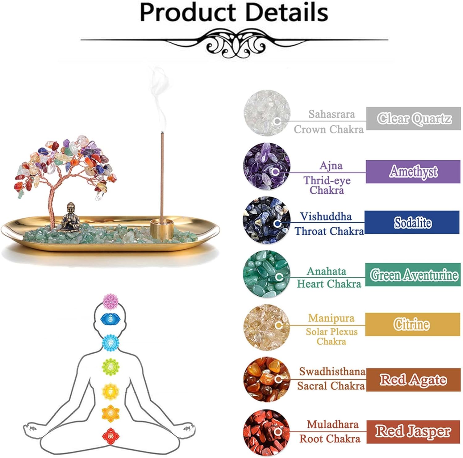 JSDDE 7 Chakra Edekstein Lebensbaum Deko mit 9 Loch Räucherstäbchen Halter Feng Shui Baum aus Heilstein Geldbaum Glücksbringer Zimmer Tisch Büro Dekoration
