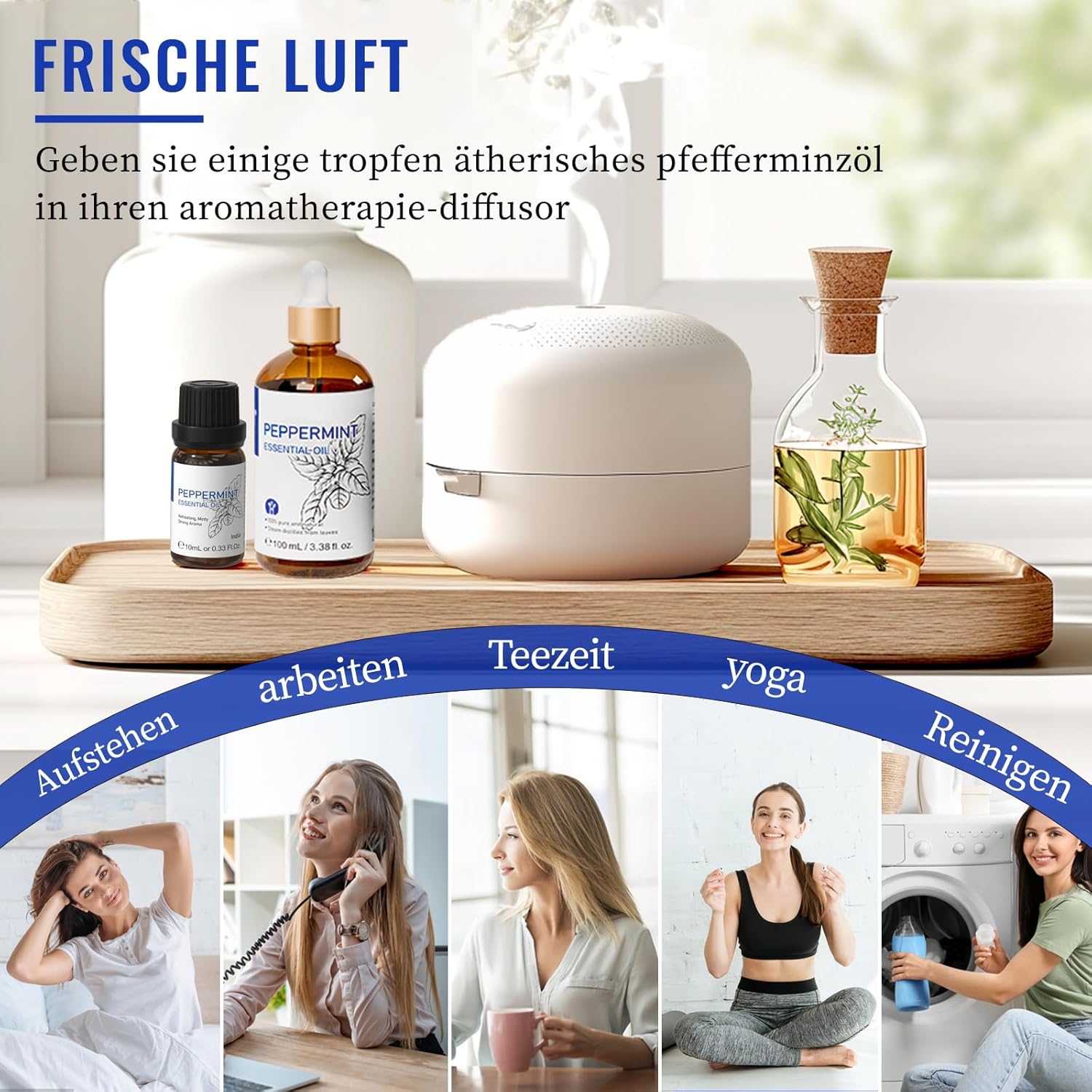 HIQILI 100ml Pfefferminzöl Ätherisches Öl, 100% Reines Naturrein Minzöl,Peppermint Oil für Diffuser, Massage, Haar, Hautpflege - Gratis Eine Reiseflasche