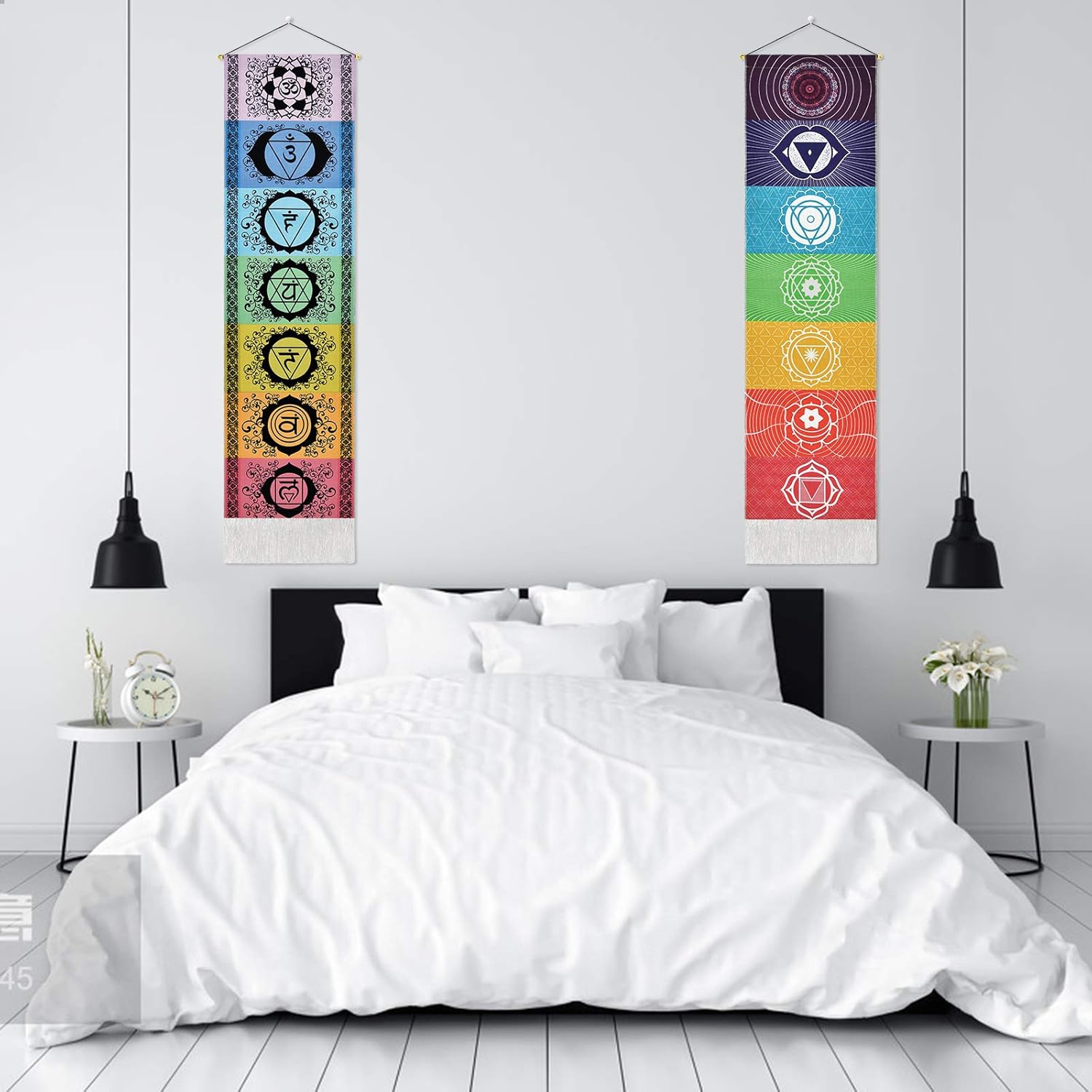 Yugarlibi Set of 2 Chakra Wall Hangings, Meditation Yoga Trippy Tapestry with Tassel, Mandala Tapestry, Wall Hangings for Bedroom, Living Room, Black and White Chakra 130 x 32.5 cm