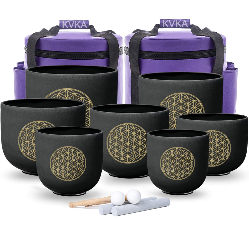 KVKA Kristall-Klangschalen Set, 6-12 inch 432Hz Gradien Quarz Chakra Sound Healing Klangschalen für Yoga Meditation Entspannung Stressabbau mit Tragetasche