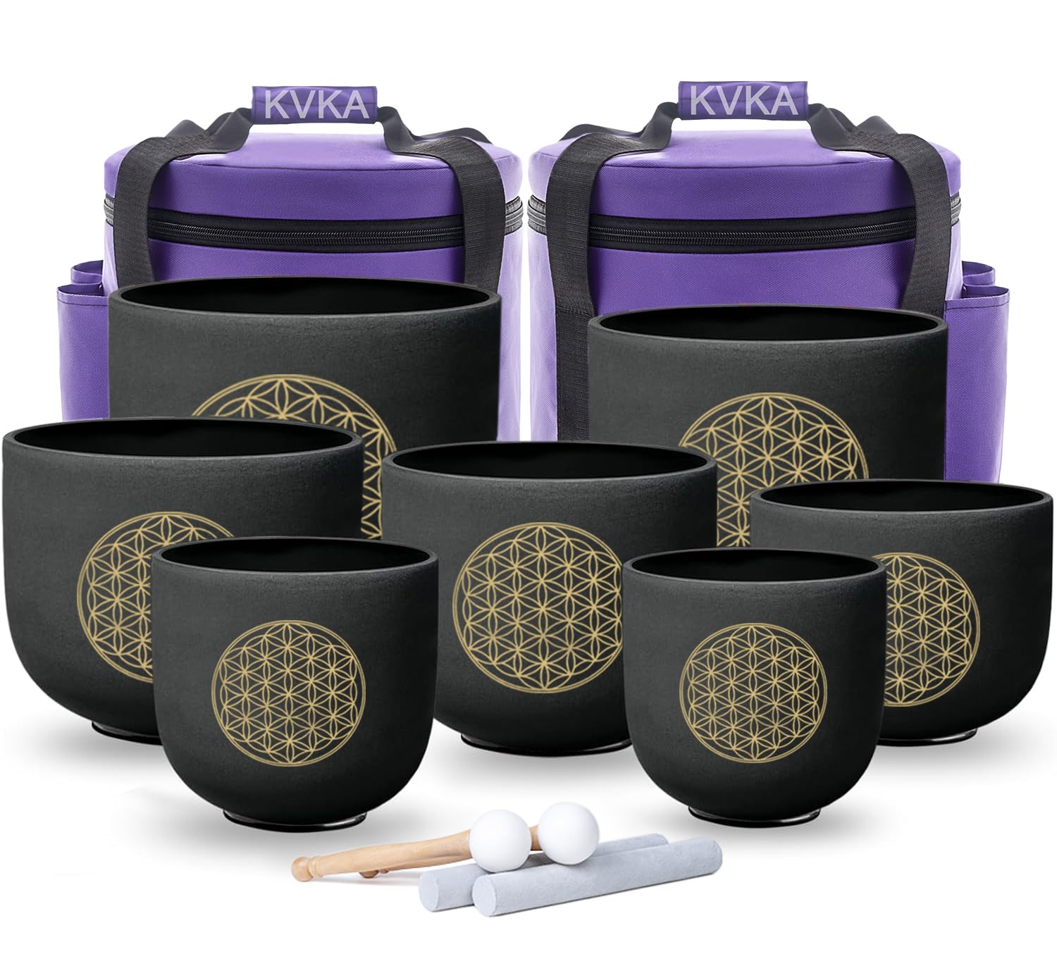 KVKA Kristall-Klangschalen Set, 6-12 inch 432Hz Weiß Frosted Quarz Chakra Sound Healing Klangschalen für Meditation Yoga Entspannung Stressabbau mit Tragetasche