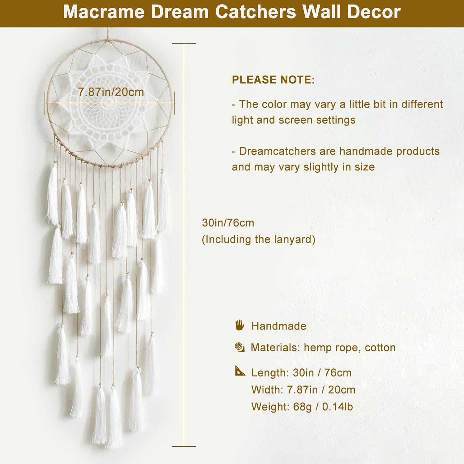 Artilady Macrame Dream Catcher Wall Hanging, White Large Boho Bedroom Decor