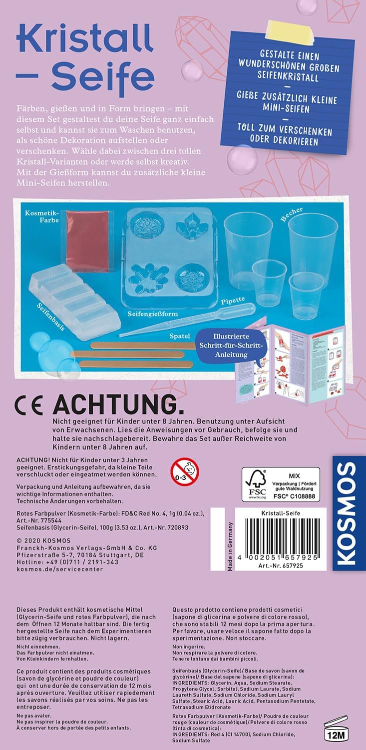 KOSMOS 657925 Kristall-Seife, Schöne Seifen selbst gießen und gestalten, DIY Seifen selbst herstellen, Experimentier-Set für Kinder ab 8 Jahre, Mitbringsel, Geschenk für Kindergeburtstag