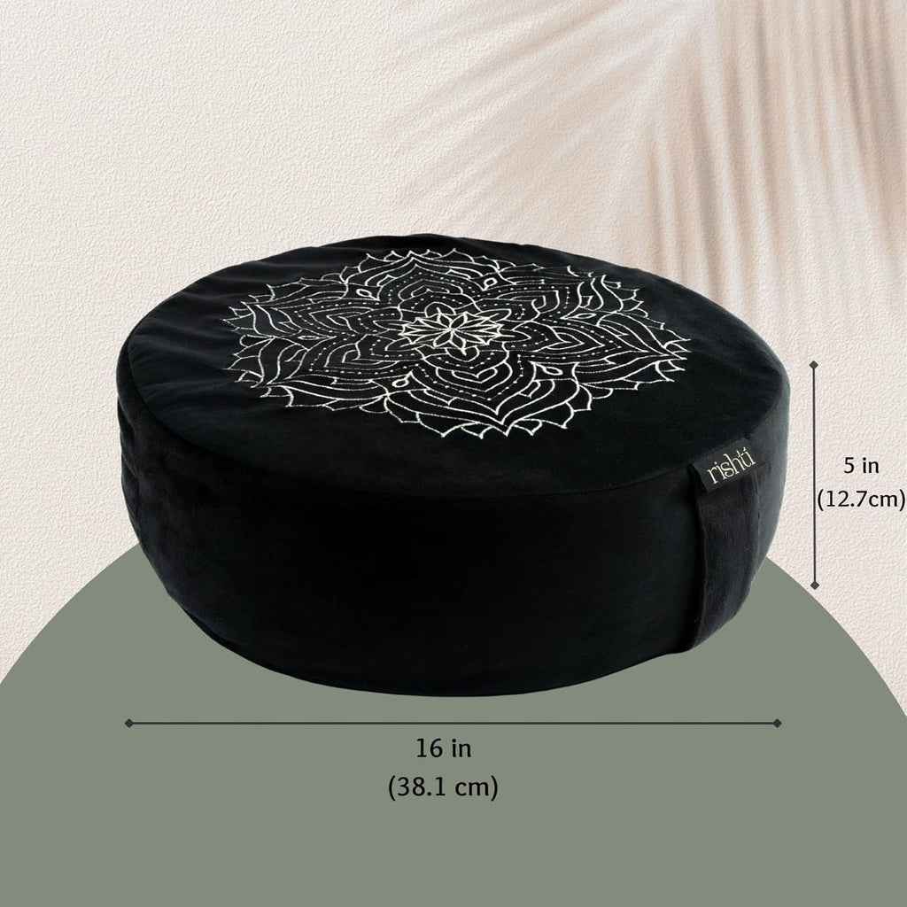 Black Velvet Embroidered Meditation Cushion - Buckwheat Filled with Lavender and Removable Foam Pad - Ideal for Yoga, Stress Relief, Mindfulness, and Holistic Living