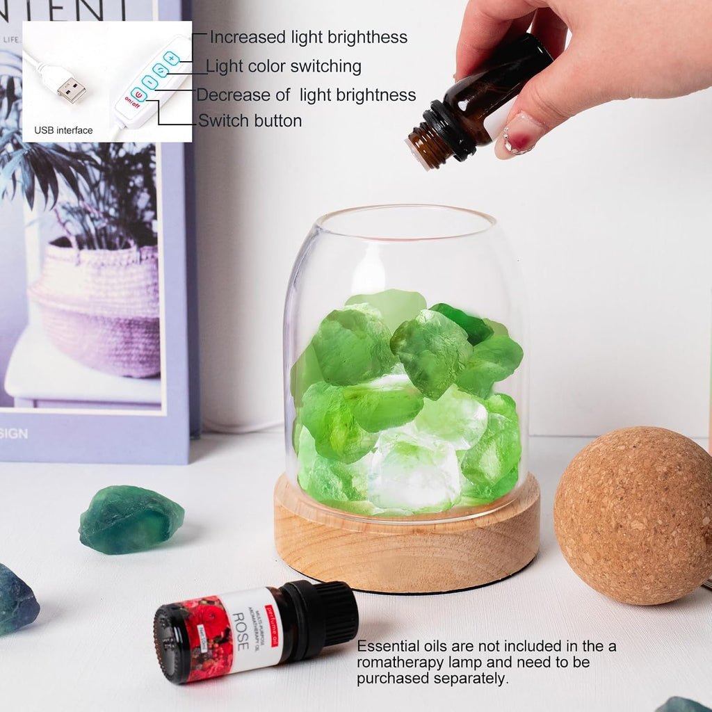 Runyangshi Crystal Night Lamp 6.3" Natural Healing Aroma Stone Diffuser, USB 3 Colours Dimming Bedside Bedroom Lamp Home Decor(Green Fluorite)