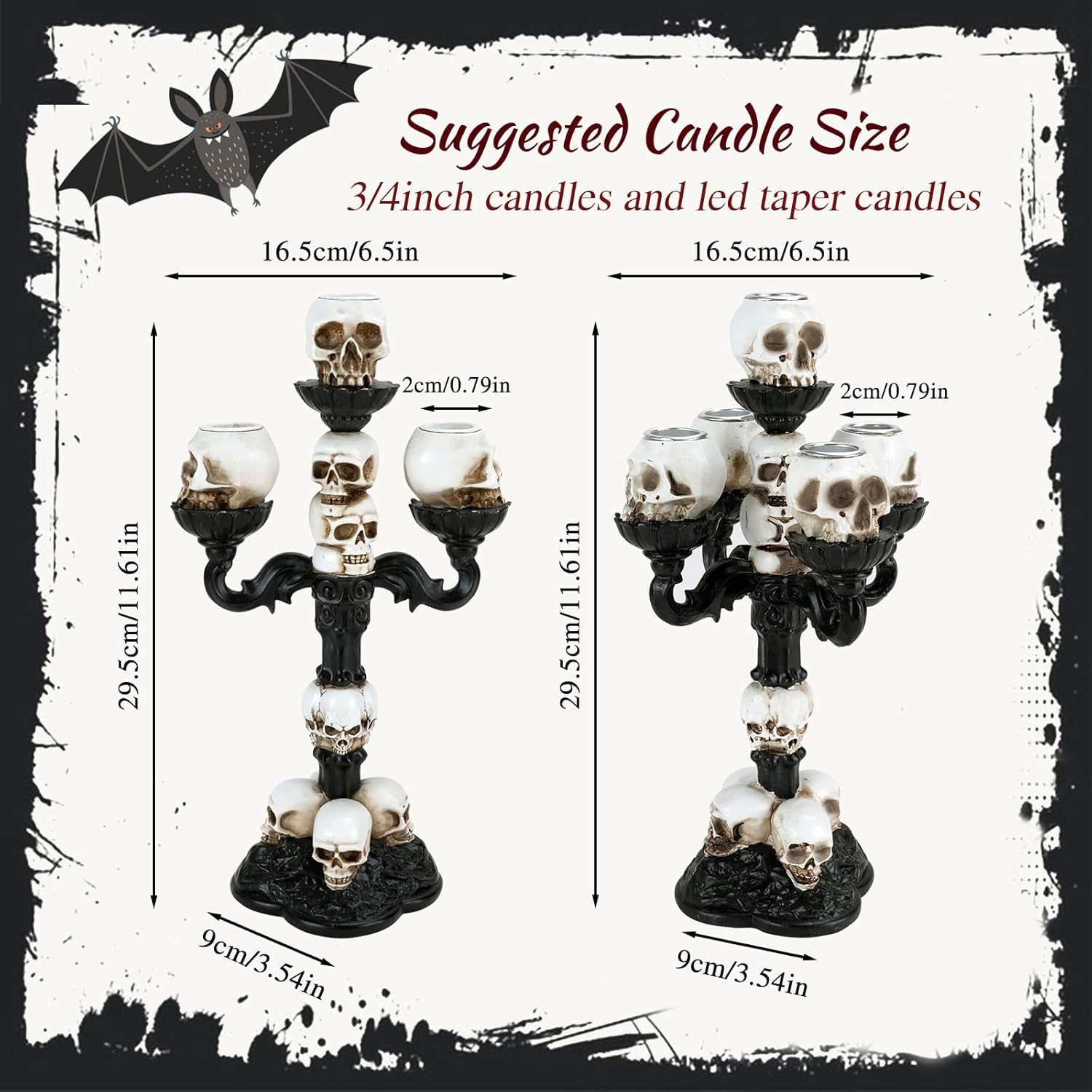 Candle Holder Black Gothic Decoration, Halloween Statue Skull Decorative Candle Holder Taper Candles with 5 Arms, Skull Lamp Resin Ornaments, Vintage Table Decoration for Home Living Room (5 Arms)