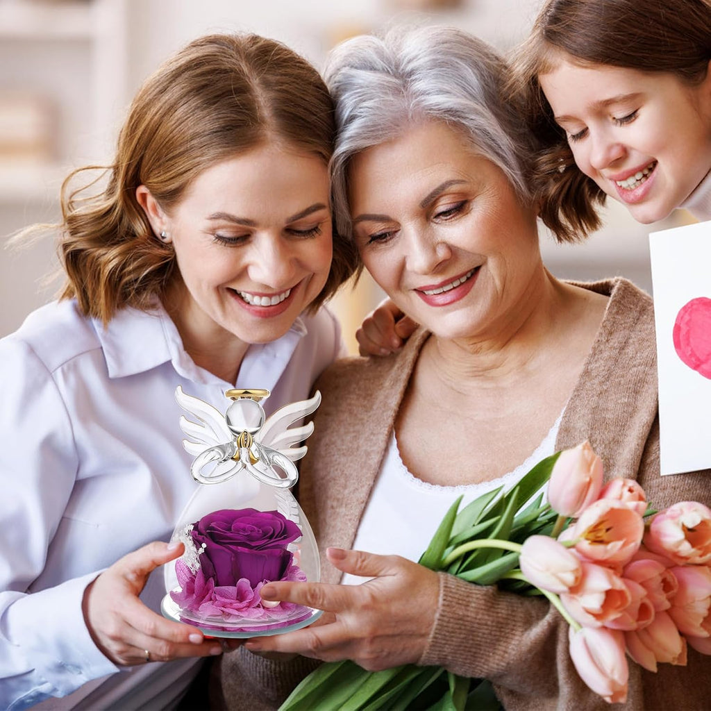 Ewige Rose Engel Geschenke für Mama, Ewige Rose in Engel Glaskuppel für Sie, Infinity Rosen Konservierte Blumen Handgemachte, Engelsfigur aus Glas, Geschenk für Frauen Mutter Oma Großmutterk