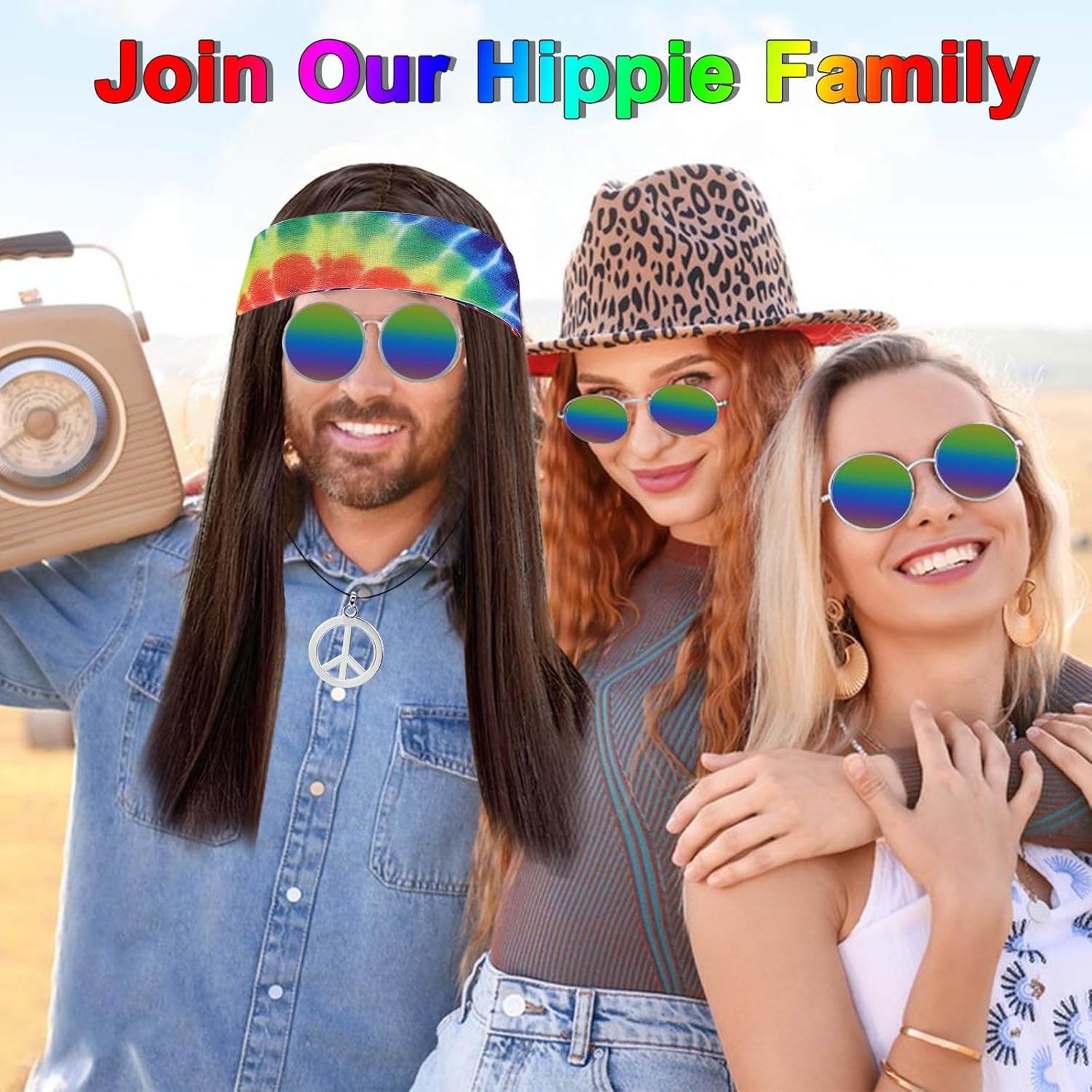 Hippie Costume Flower Power Hippy Clothing Women Men 60s 70s 80s Accessories Set for Carnival Theme Party Halloween Fancy Dress Cosplay Theme Party