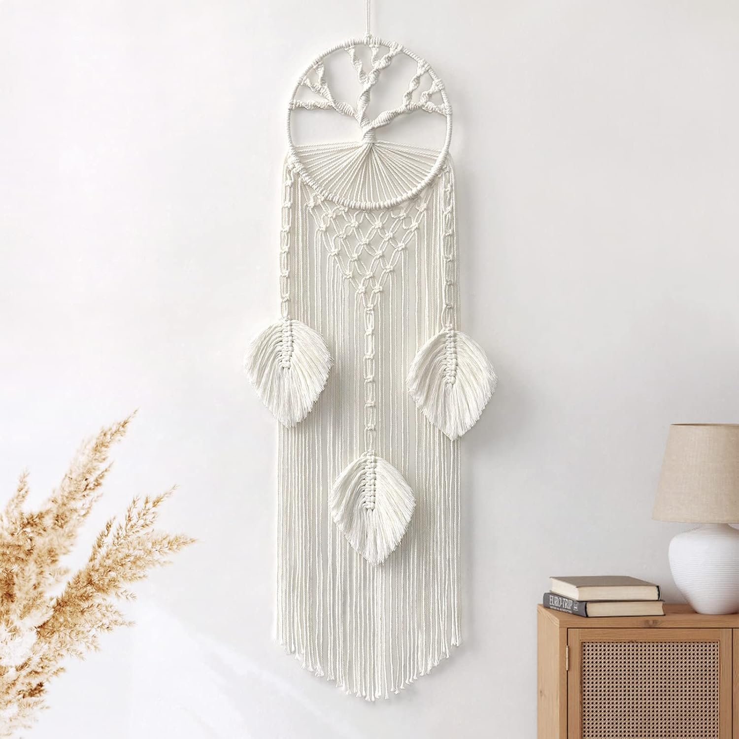 LOMOHOO Tree of Life Dream Catcher, Macrame Wall Hanging, Boho Dream Catcher with Feather Leaf, Bohemian Dream Catcher for Wedding Parties, Bedroom, Children's Room, Cafe, Gypsy Decor