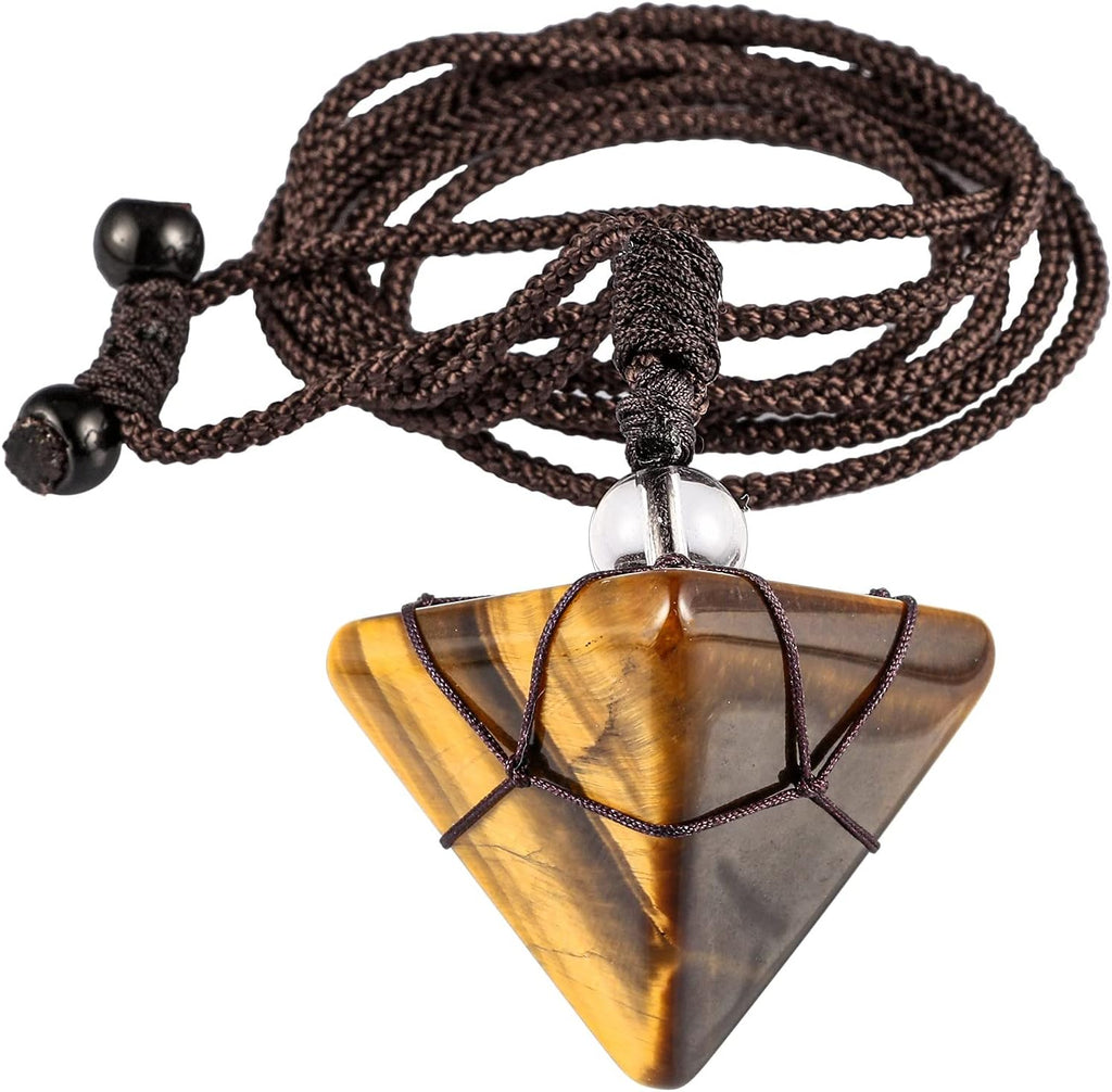 KYEYGWO Stein Pyramide Anhänger für Damen und Herren, Kristall Quarz Spitze Heilung Halskette mit Einstellbare Nylonseil, Reiki Edelstein Pendel Kette Mode Schmuck für Amulett Glücksbringer