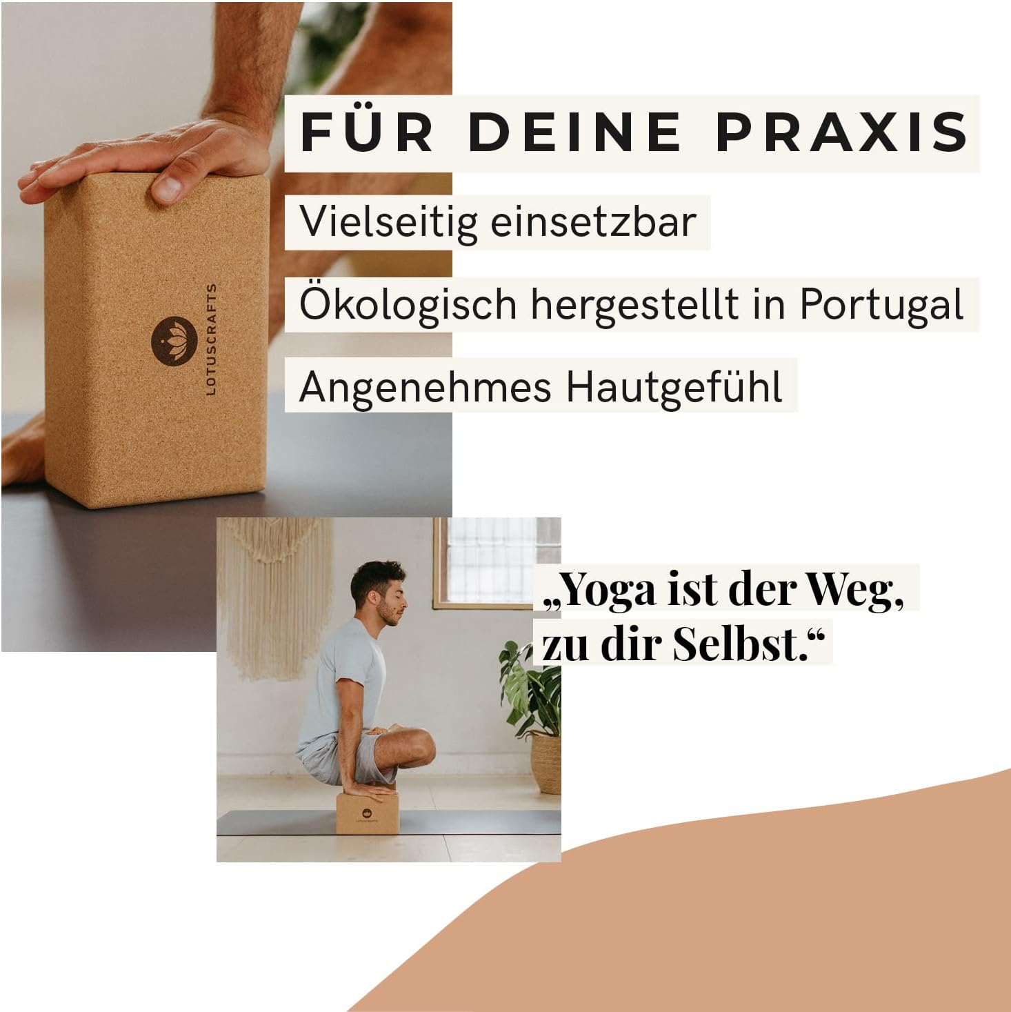 Lotuscrafts® Yoga Block Kork 2er Set oder Einzeln, Korkblock in 2 Größen, Made in Portugal, 100% Natürliche Yogablöcke aus Kork, Yoga Zubehör für Anfänger & Fortgeschrittene