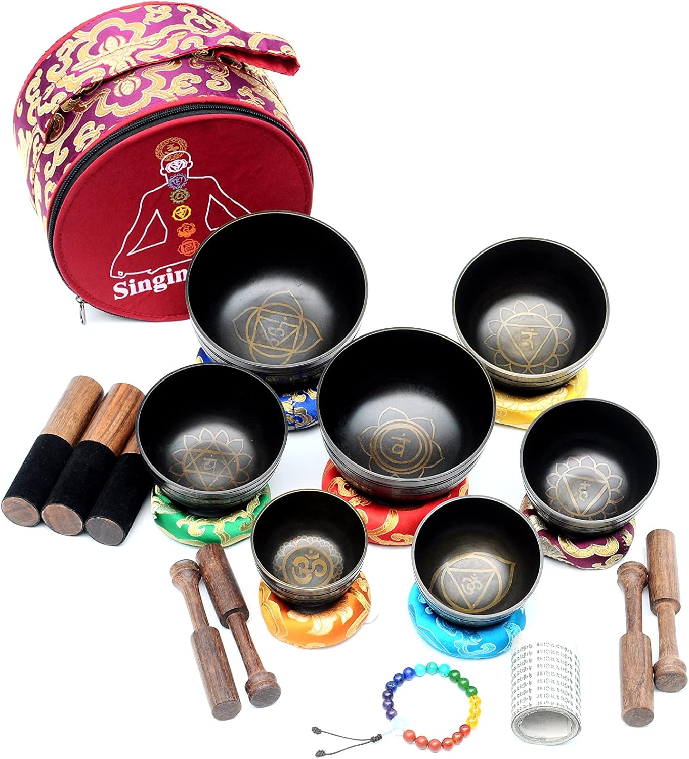 THE NEPAL Klangschalen-Sets von 7 Handgefertigte tibetische Chakra-Heilklangschale für Meditation, Klang, Frieden, Achtsamkeit, Yoga, sieben Chakra-Schalen