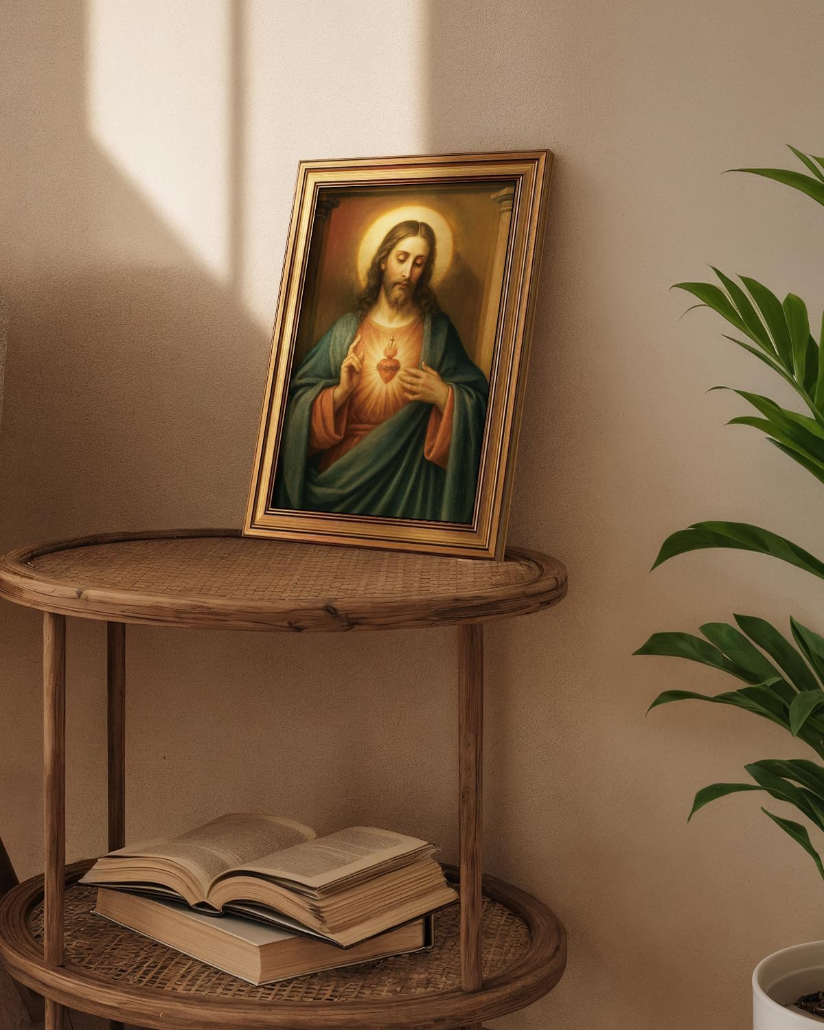 Vintage Sacred Heart of Jesus Christ Canvas Gold Framed Wall Art, 12x16 Inch Religious Oil Painting Artwork, Christian Art Print for Home Living Room Spiritual Spaces Decor
