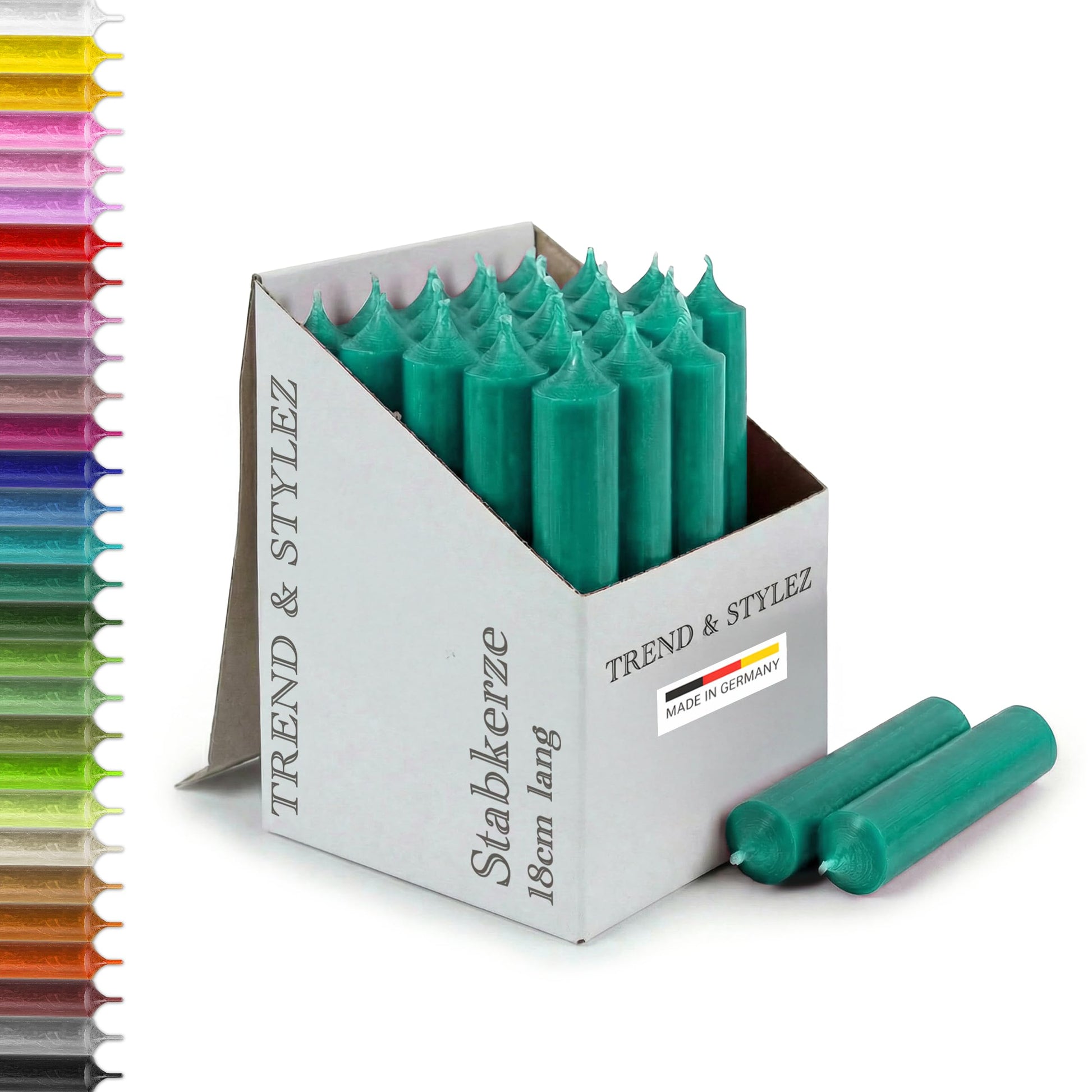 25 Stabkerzen 180mm x 22mm | Durchgefärbte Spitzkerzen | 8+ Stunden Brenndauer | Made in Germany - Ohne Tropfen & Rußen | RAL-Zertifizierte Tafelkerzen unparfümiert (Grün)