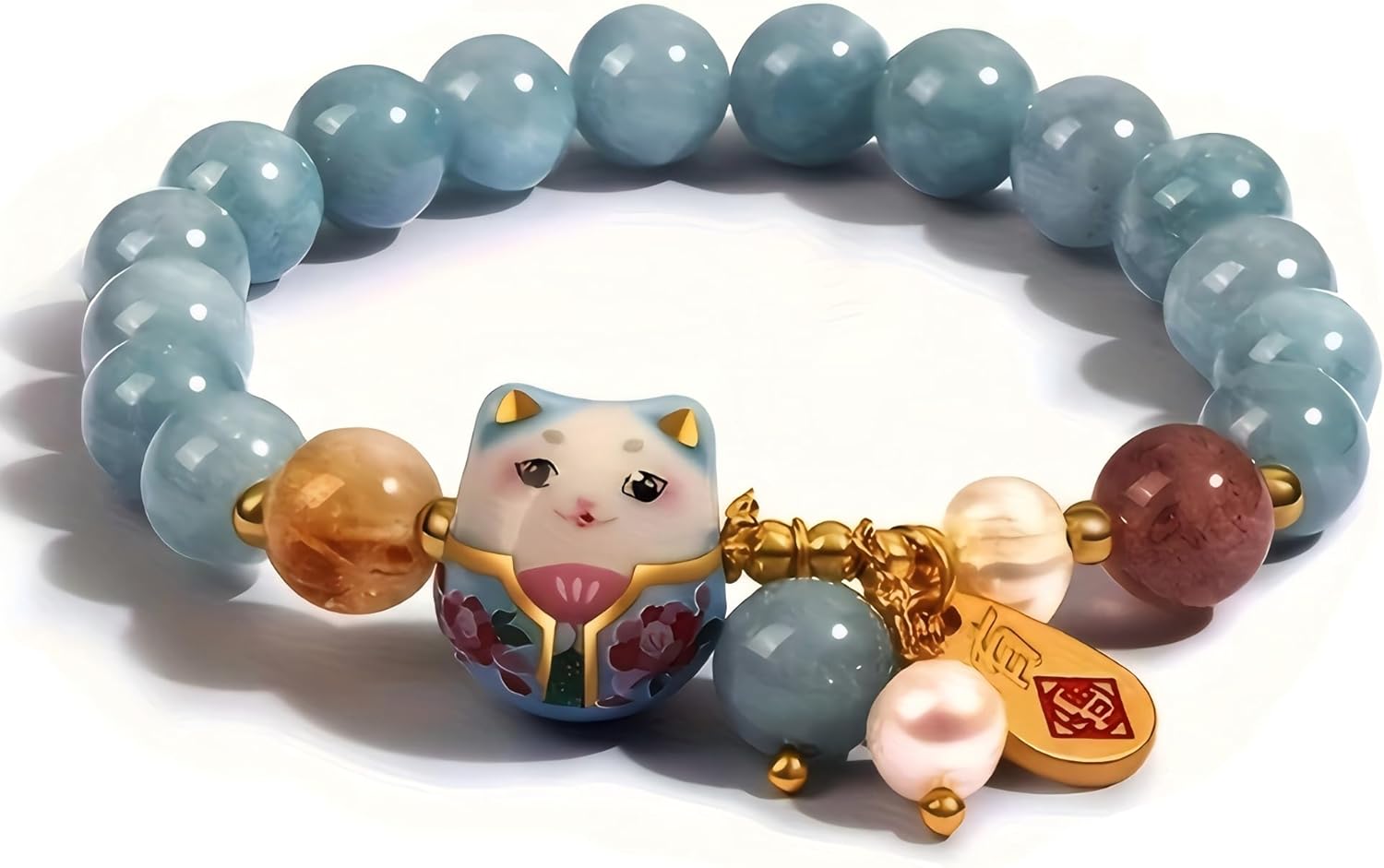Damen Armband mit Glückskatze Anhänger, Blau Kristall Perlen, Keramik Katze Schmuck, Feng Shui Schutzarmband für Wohlstand & Energie