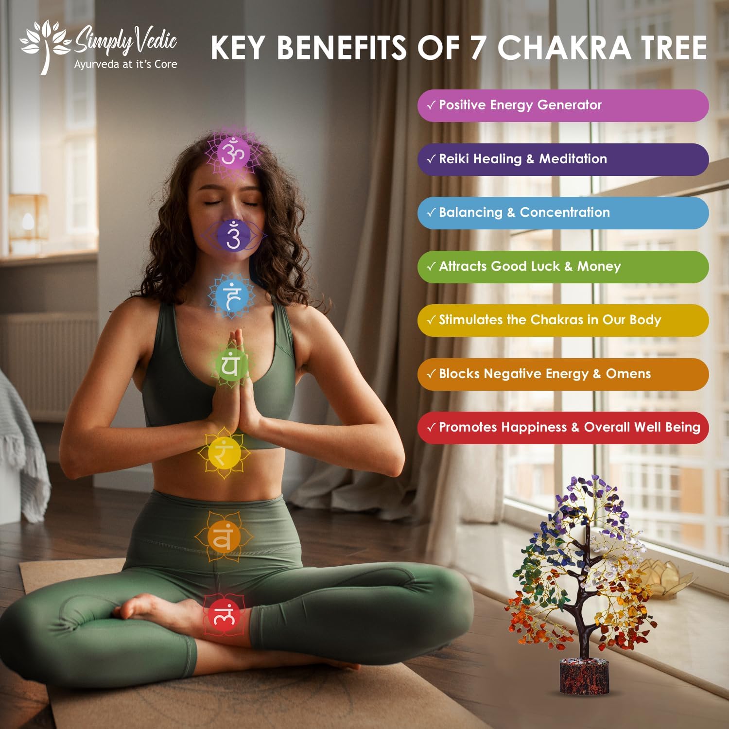 Simply Vedic 7 Chakra Kristallbaum des Lebens| für Positive Energie, Glück, Chakra-Aktivierung| Natürlicher Heiledelstein-Geldbaum Feng Shui, spirituelles Geschenk, Heimdekoration
