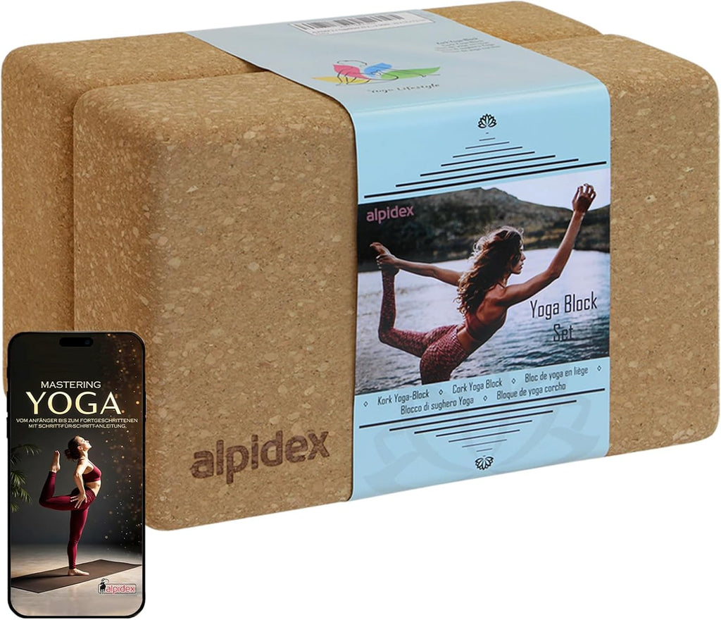 ALPIDEX Yogablock 2er oder 4er Set inkl. E-Book mit 100 Übungen Ökologisch Nachhaltig Naturkork aus Portugal Korkblock Yoga Pilates | 7 Jahre Garantie auf Material*