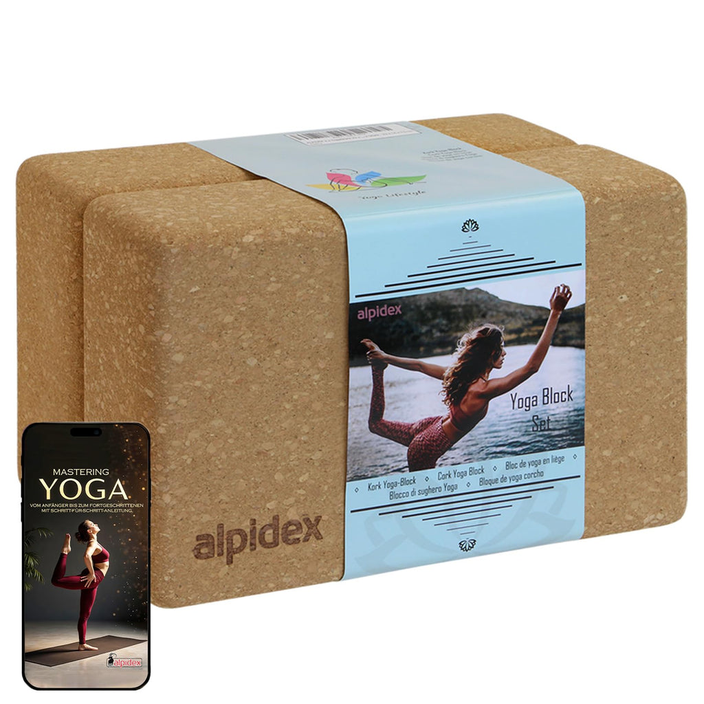 ALPIDEX Yogablock 2er oder 4er Set inkl. E-Book mit 100 Übungen Ökologisch Nachhaltig Naturkork aus Portugal Korkblock Yoga Pilates | 7 Jahre Garantie auf Material*