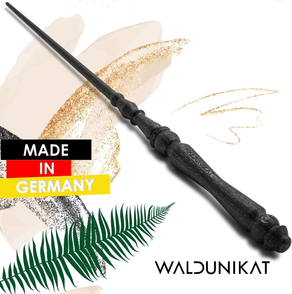 WALDUNIKAT® Zauberstab aus Holz – Made in Germany – Spielzeug, Geburtstags-Geschenk, Deko, Kostüm für Erwachsene, Kinder, Damen, Herren, Mädchen (No. 1 - Schwarz-Glitzer)