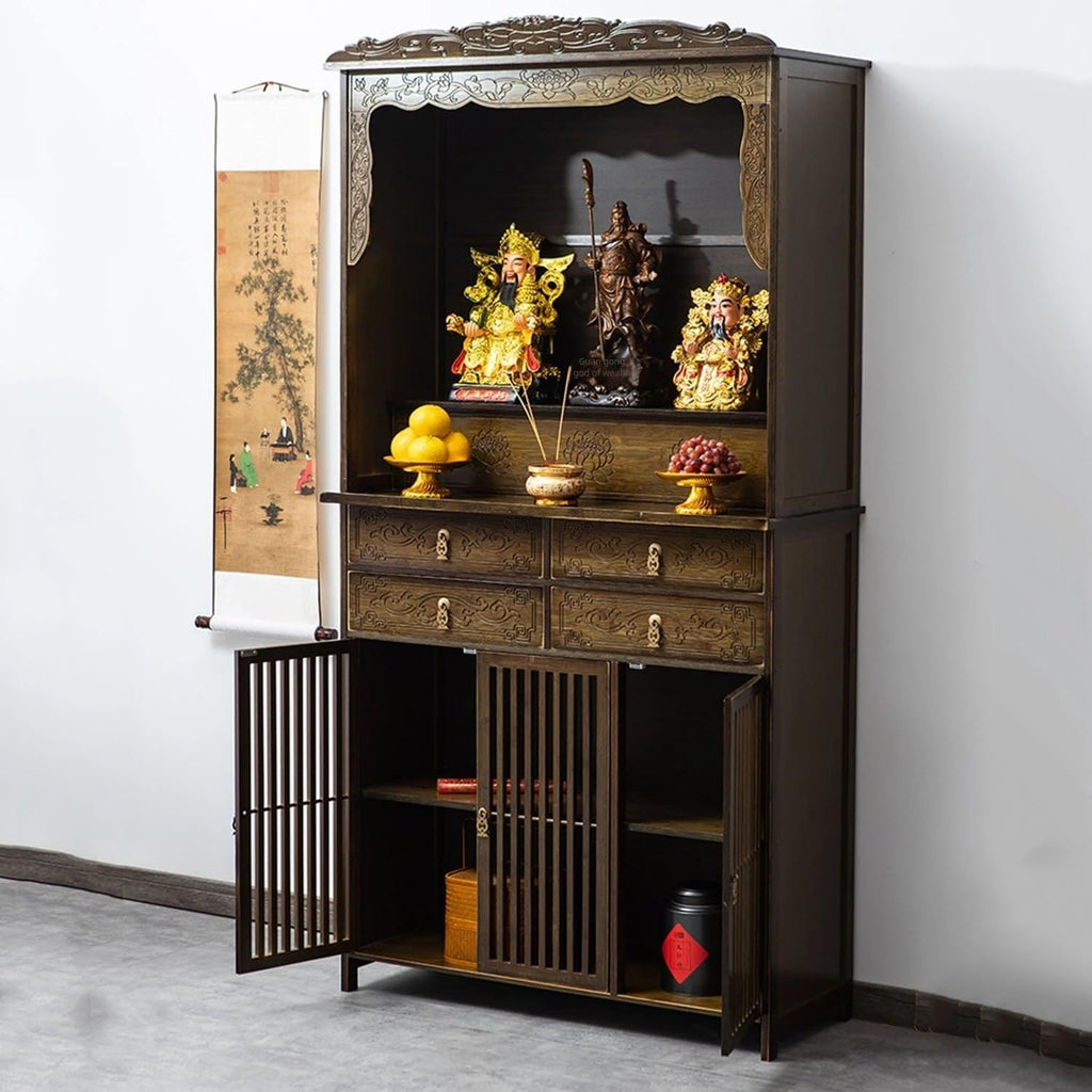 Altartisch im chinesischen Stil mit Lotusschnitzerei – Aufbewahrungsschrank aus Bambus for Meditation, Gebetspräsentation, Heimdekoration(60 * 36 * 186cm/23 * 14 * 73in)