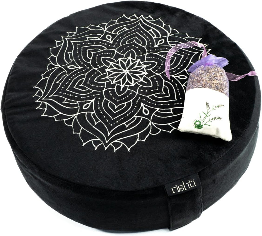 Black Velvet Embroidered Meditation Cushion - Buckwheat Filled with Lavender and Removable Foam Pad - Ideal for Yoga, Stress Relief, Mindfulness, and Holistic Living