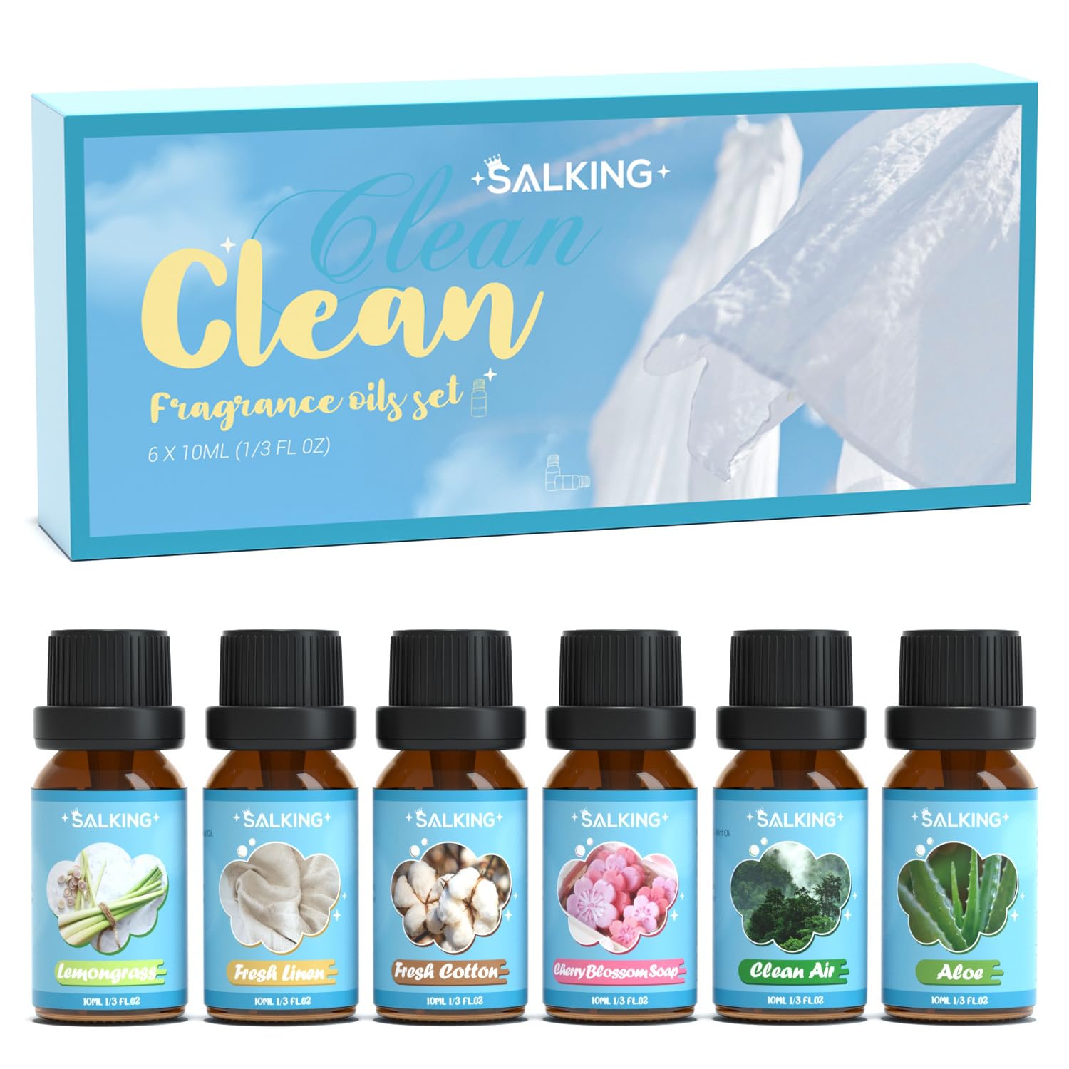 SALKING Essential Oils Set, Aromatherapy Fragrance Oil Gift Set, 100% Pure Fragrance Oils for Diffuser, Oil Lamps, Humidifier, Massage, 6 x 10 ml (Lavender, Rose, Cherry Blossom, Jasmine, Gardenia,