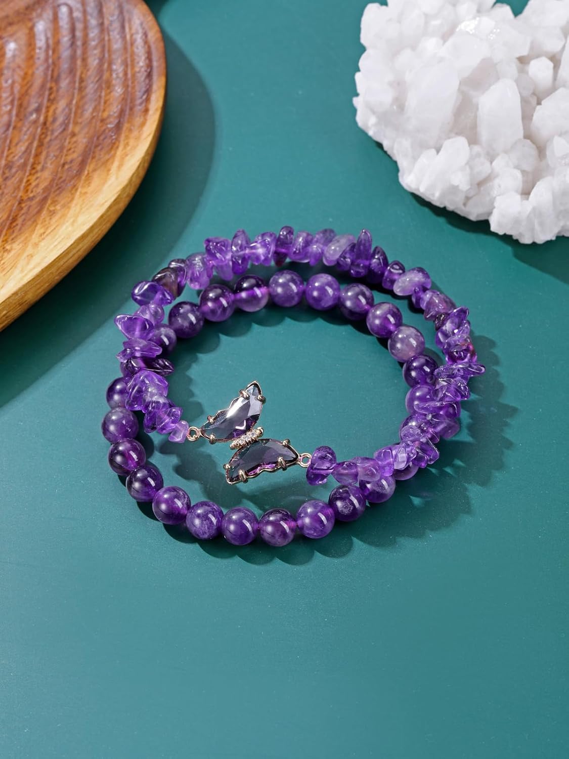 CrystalTears Schmetterling Armbänder Set 2pcs echt Edelsteine elastischer Perlenarmbänder Damen Amulett Schmuck spirituelle Geschenk