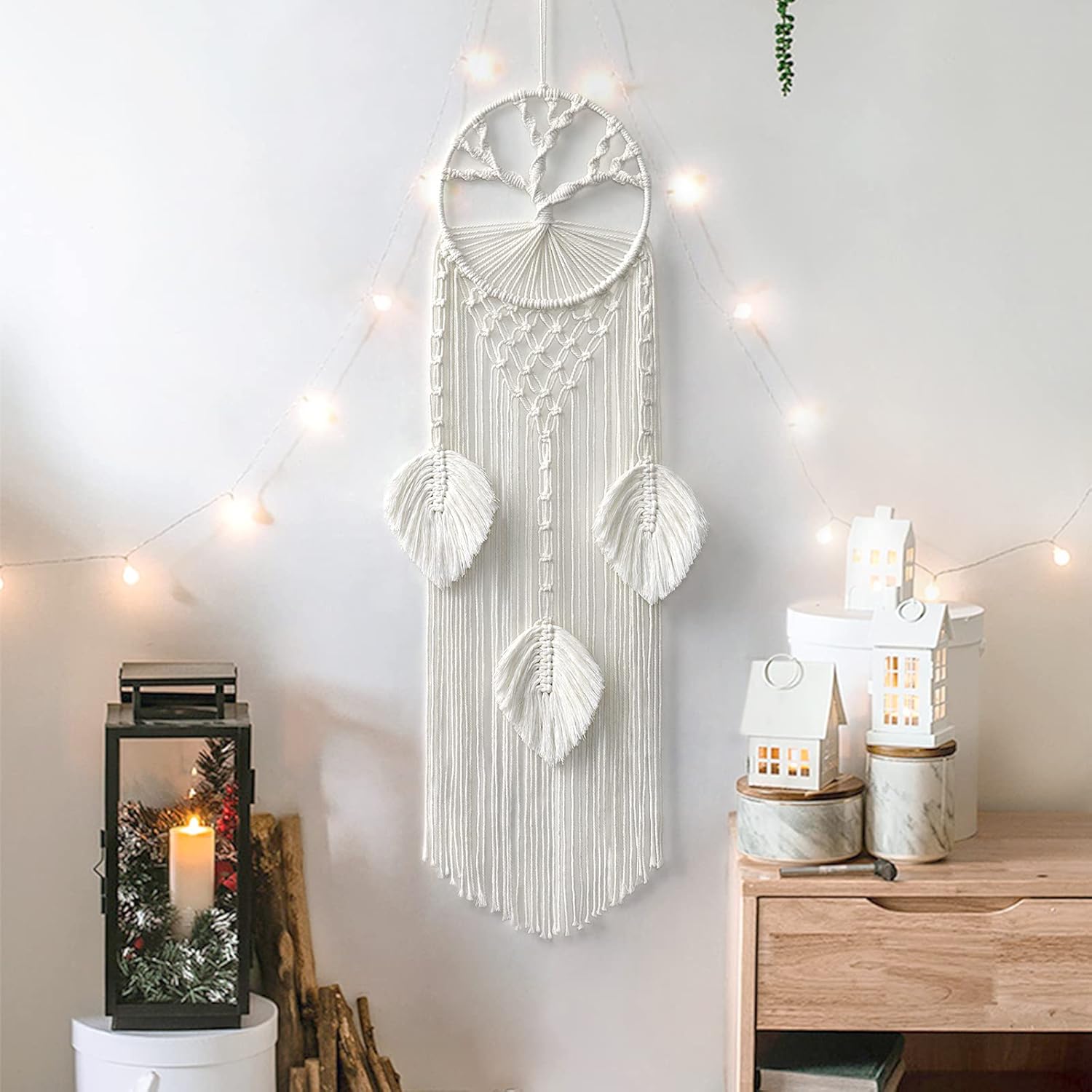 LOMOHOO Tree of Life Dream Catcher, Macrame Wall Hanging, Boho Dream Catcher with Feather Leaf, Bohemian Dream Catcher for Wedding Parties, Bedroom, Children's Room, Cafe, Gypsy Decor