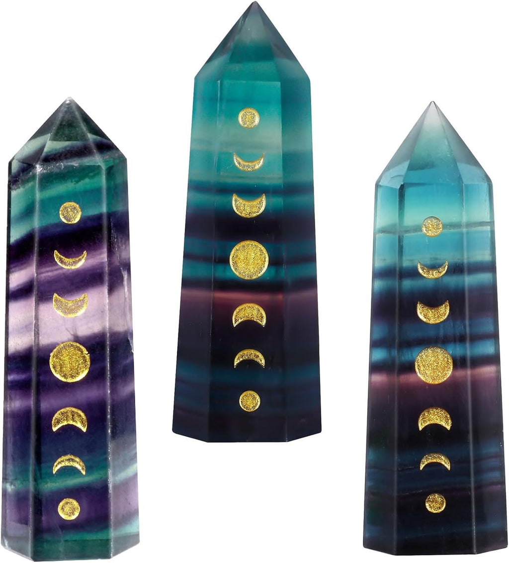 Heilstein Einzelpunktstab für Meditation Chakra-Ausgleich, Gravierte Mondphasen-Facetten-Kristallturm für die Dekoration zu Hause, Flusspat