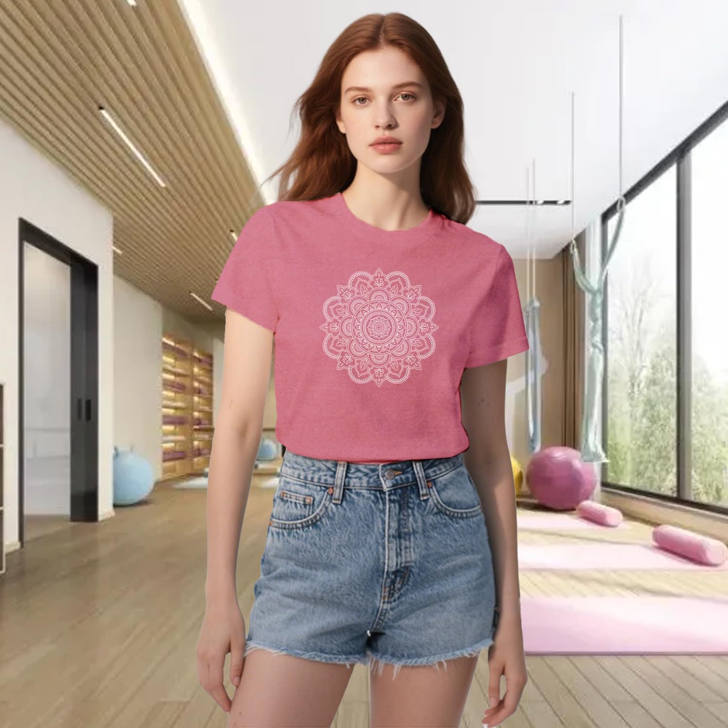 Wlen Boho Meditation Shirt for Women Yoga Mandala T-Shirts Pilates Tee Tops
