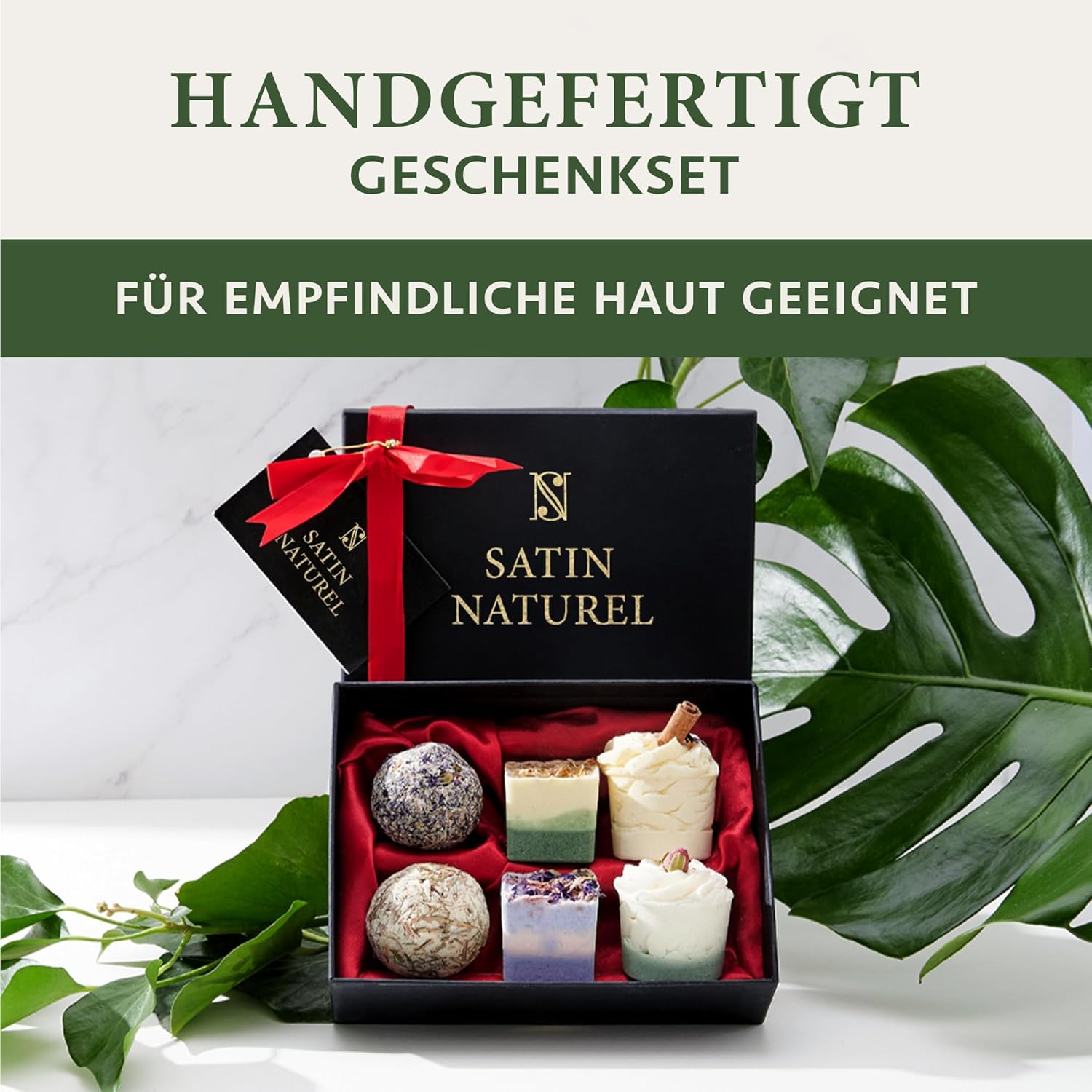 Satin Naturel 6er Set BIO Badebomben – Vegane Wellness Geschenkbox für Sie – Luxuriöse Badekugeln – Geburtstagsgeschenk für Frauen