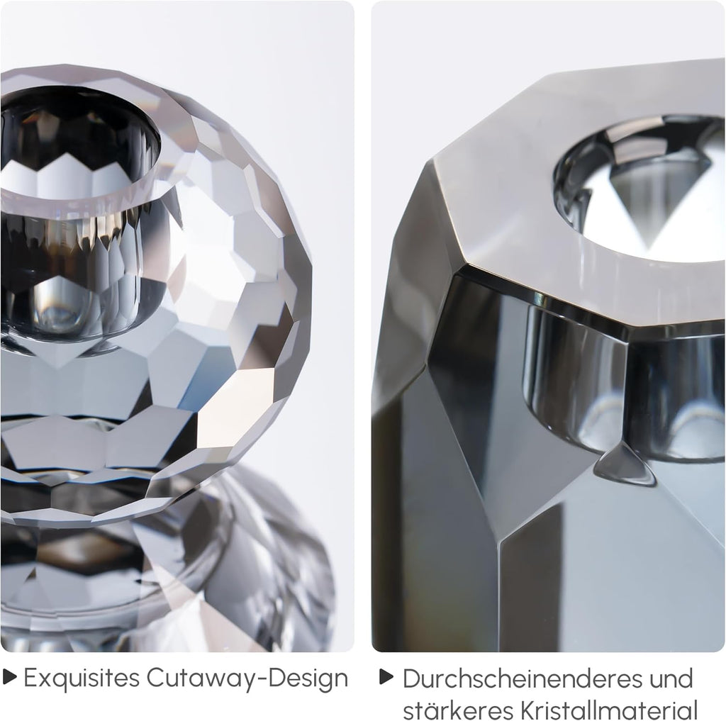 WELTRXE Kristall Kerzenhalter, 3er Set transparente Teelichthalter für Stabkerzen und Teelichter, 2-in-1-Design-Kerzenhalter aus Kristall für Tischdekorationen, Hochzeiten, Party (Grau)