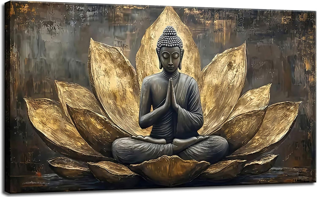 Large Buddha Lotus Canvas Wall Art Abstract Gold and Grey Zen Buddhism Decor painting Pictures Modern Serene Meditation Posters Prints for living room Bedroom Office Hallway Home Decoration