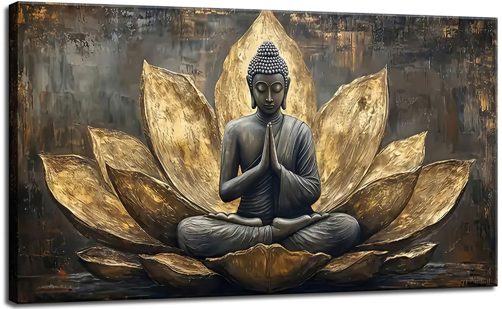Large Buddha Lotus Canvas Wall Art Abstract Gold and Grey Zen Buddhism Decor painting Pictures Modern Serene Meditation Posters Prints for living room Bedroom Office Hallway Home Decoration