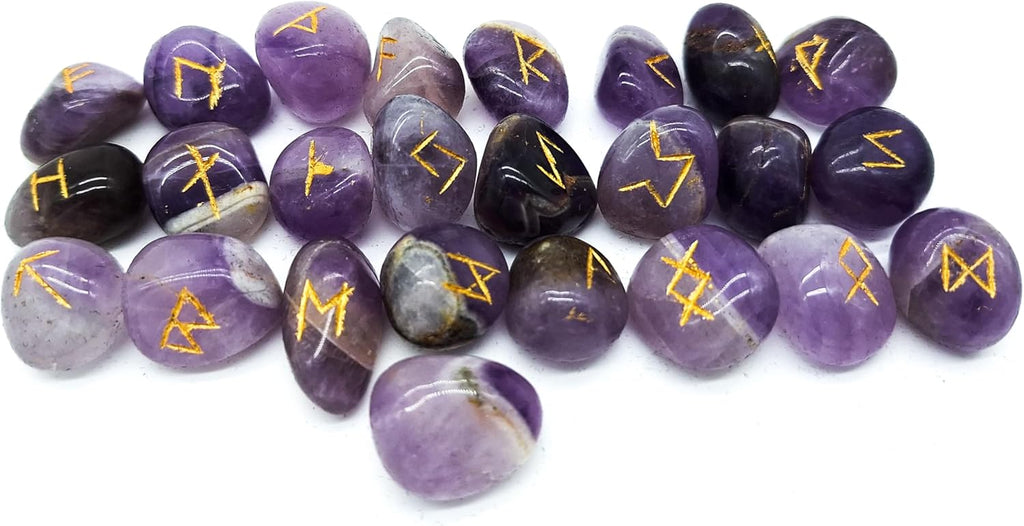 Edelstein Runen Set Elder Futhark Heilstein Amethyst 25 Steine ca. 20 mm im Samtbeutel | Mythologie Wikinger Esoterik Meditation Magie (Amethyst goldene Gravur)