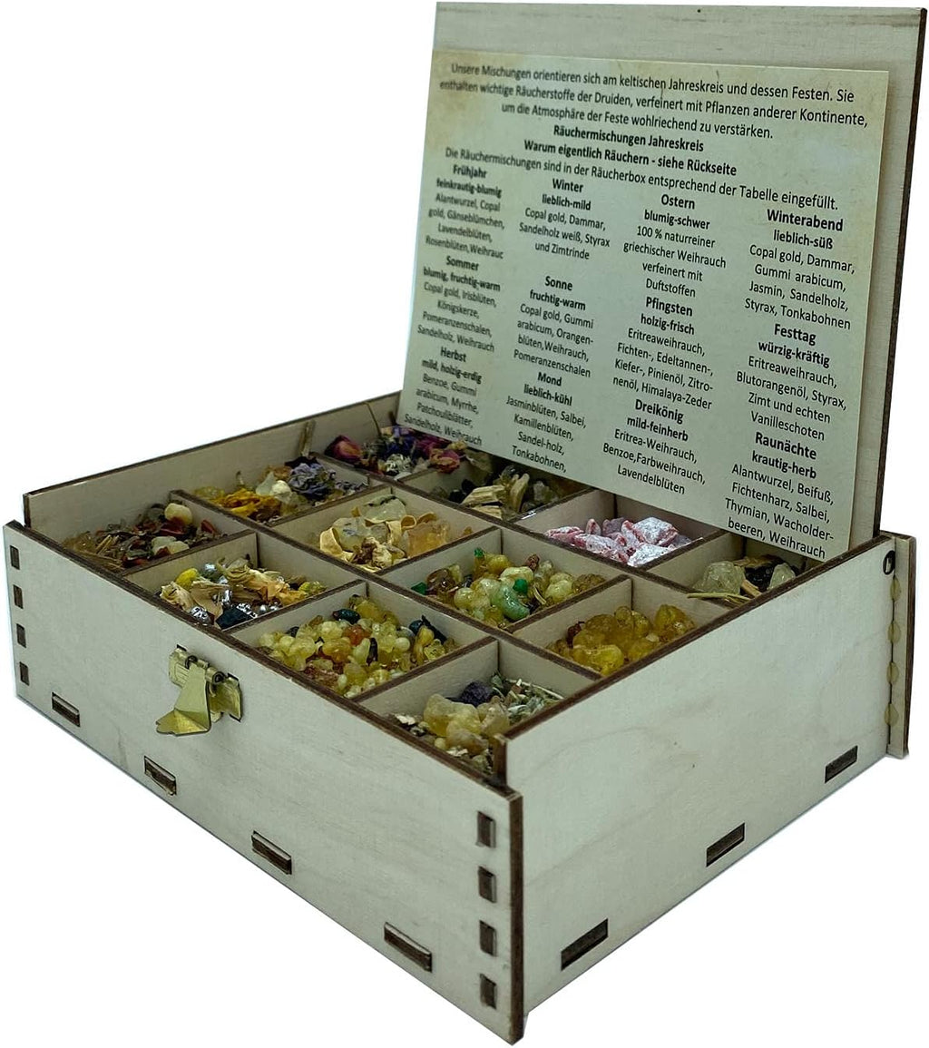 Heilkräuter Manufaktur Räucherbox Geschenkbox mit 12 Sorten Räuchermischungen Rituale im Jahreskreis, Jahreszeiten, 14 x 10 x 4 cm