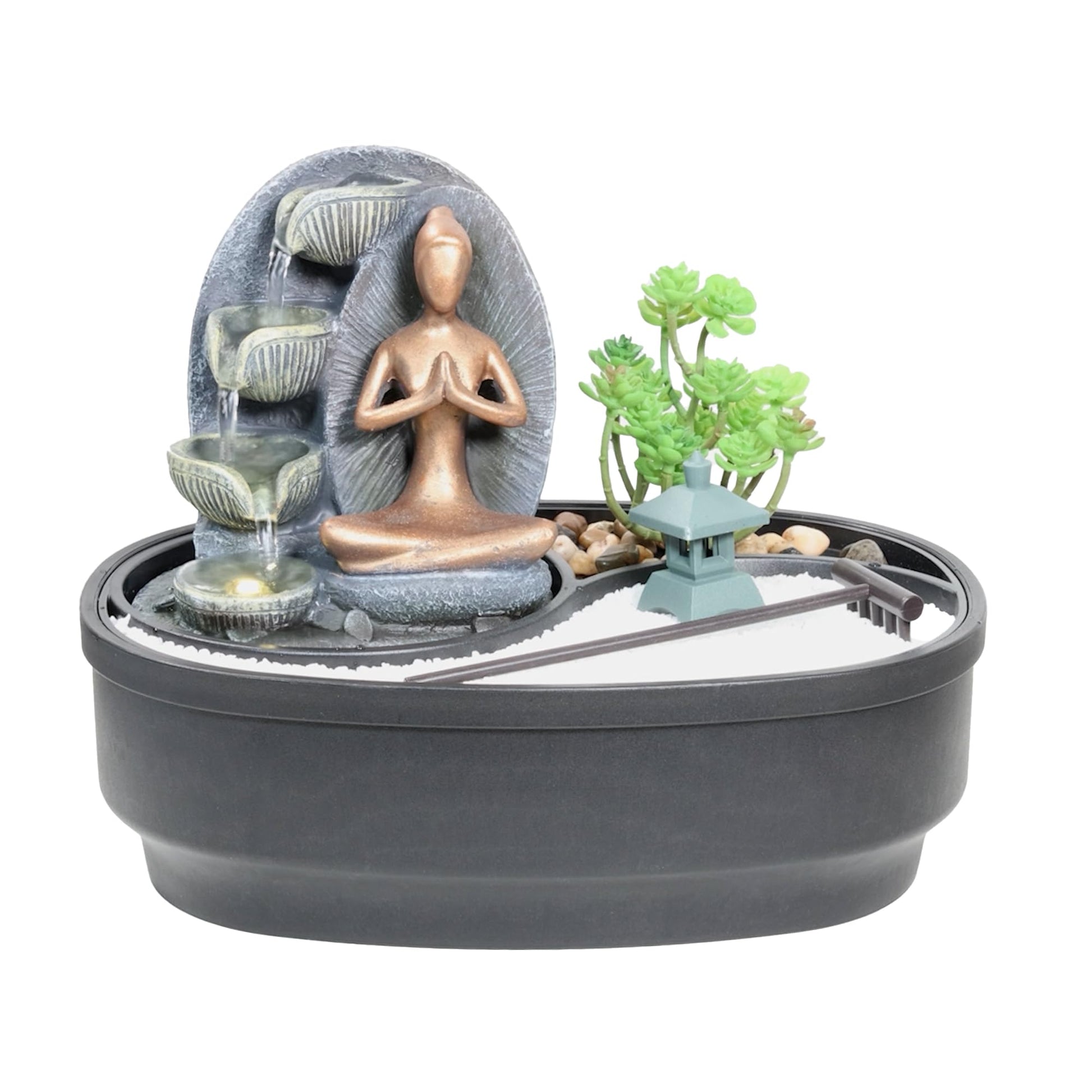 Zimmerbrunnen mit LED-Beleuchtung | Tischbrunnen mit Wasserfall und beweglicher Glaskugel | dekorativer Zierbrunnen mit Feng Shui Elementen | Springbrunnen mit Yin Yang Felsengarten für Zuhause