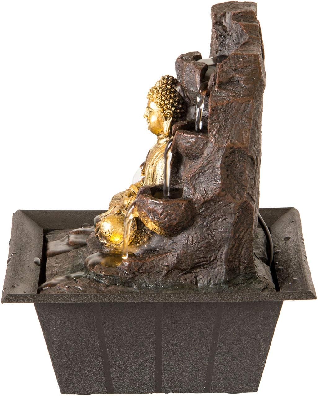 Indoor Fountain Golden Buddha with LED Lighting Table Fountain with Waterfall Decorative Fountain in Rock Look Zen Feel-Good Fountain for Home