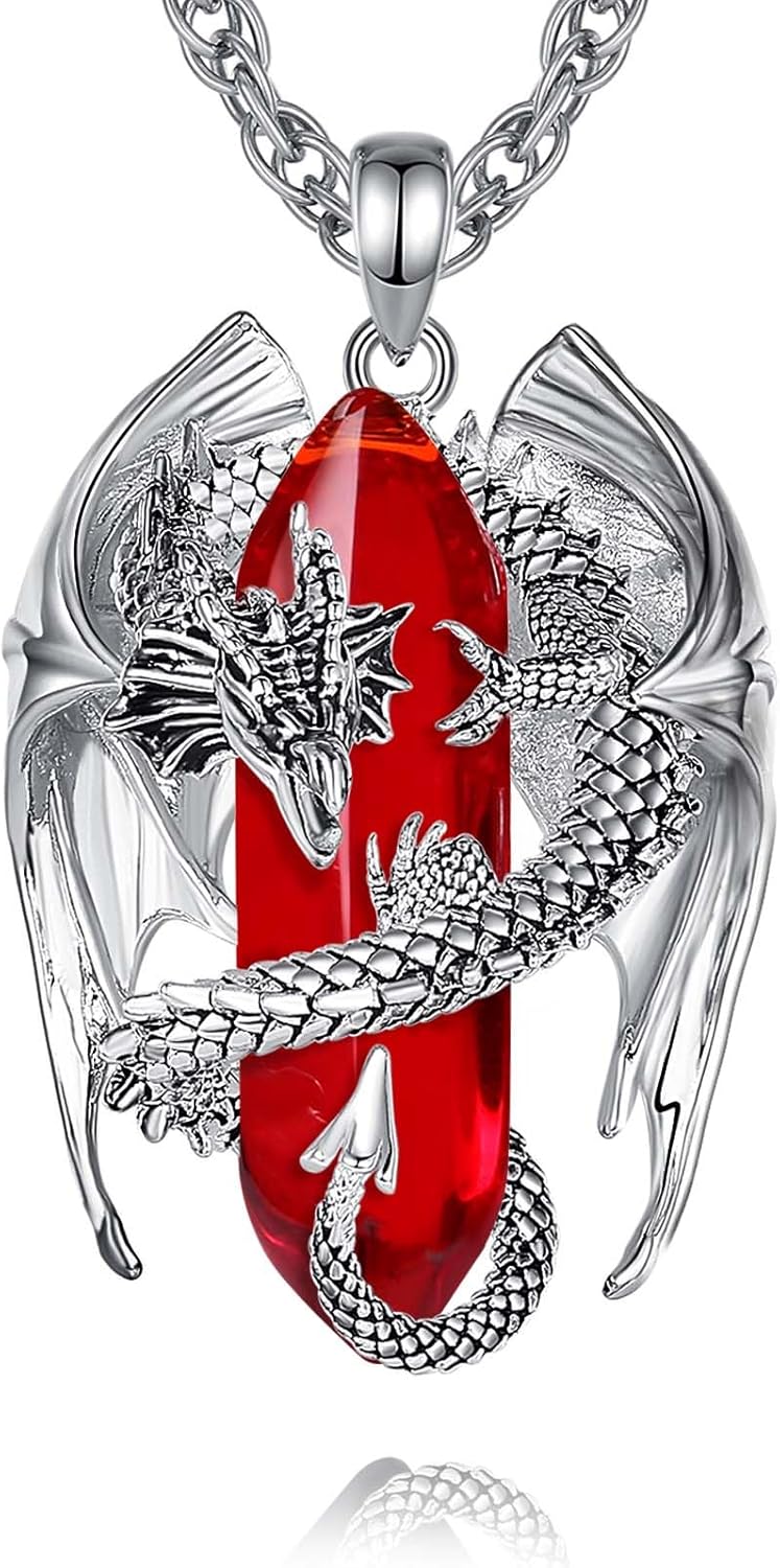 INFUSEU Kristall Drachen Kette, Nordischer Drache Gewickelter Zylinder Edelstein Kristall Anhänger Sechseckiger Heilkristall Anhänger Gothic Naturkristall-Schmuck Geschenk für Männer Frauen