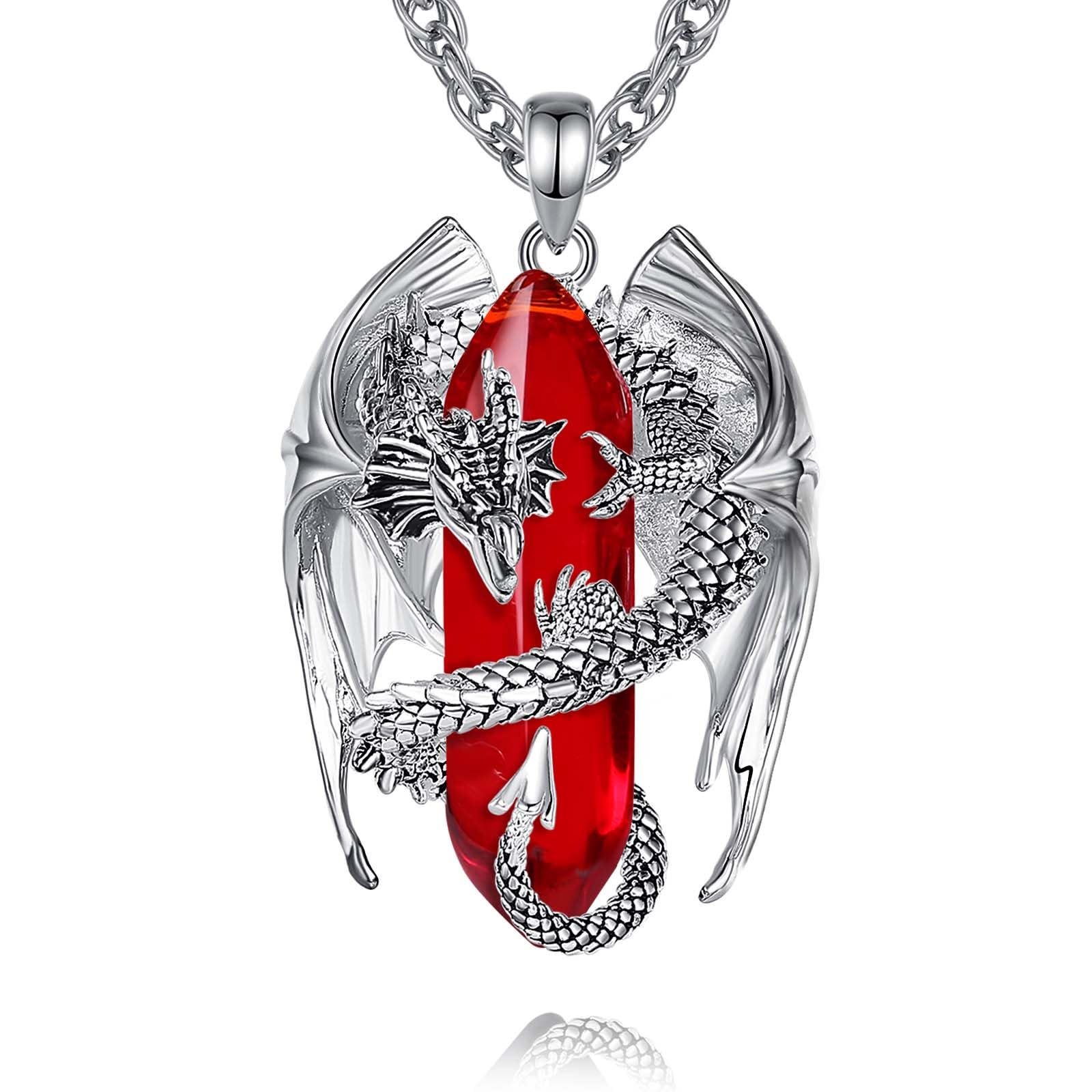 INFUSEU Kristall Drachen Kette, Nordischer Drache Gewickelter Zylinder Edelstein Kristall Anhänger Sechseckiger Heilkristall Anhänger Gothic Naturkristall-Schmuck Geschenk für Männer Frauen