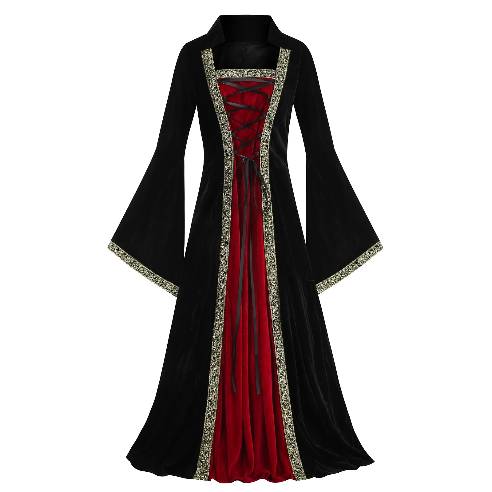 Colorful House Women Medieval Tea Party Dress Victorian Era Bubble Sleeves Velvet High Waist Long Dress with Belt and Gloves