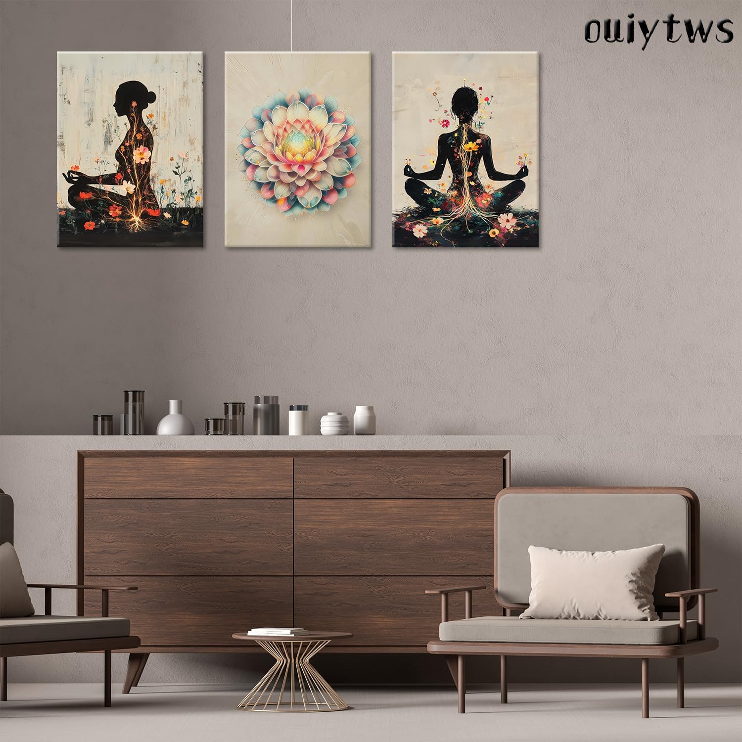 Yoga and Flower themed Meditation Wall Art Set of 3, Spiritual Meditation Women's Match with Flower and Lotus Patterns Canvas Poster Prints Painting,for Yoga Meditation Room,Bedroom,Framed 12X16in